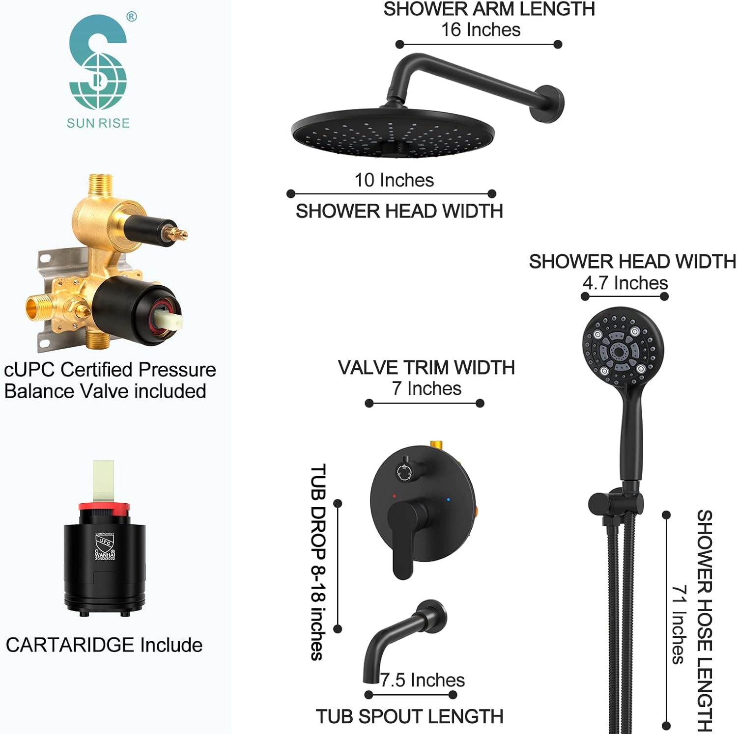 SR SUN RISE 10 Inches Matte Black Wall Mounted Shower System 1