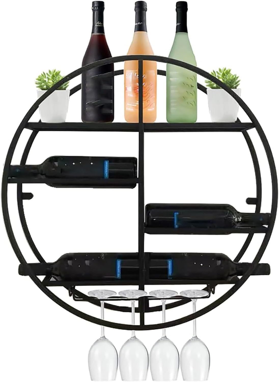 Round Wall Mounted Wine Rack Black and Gold Metal