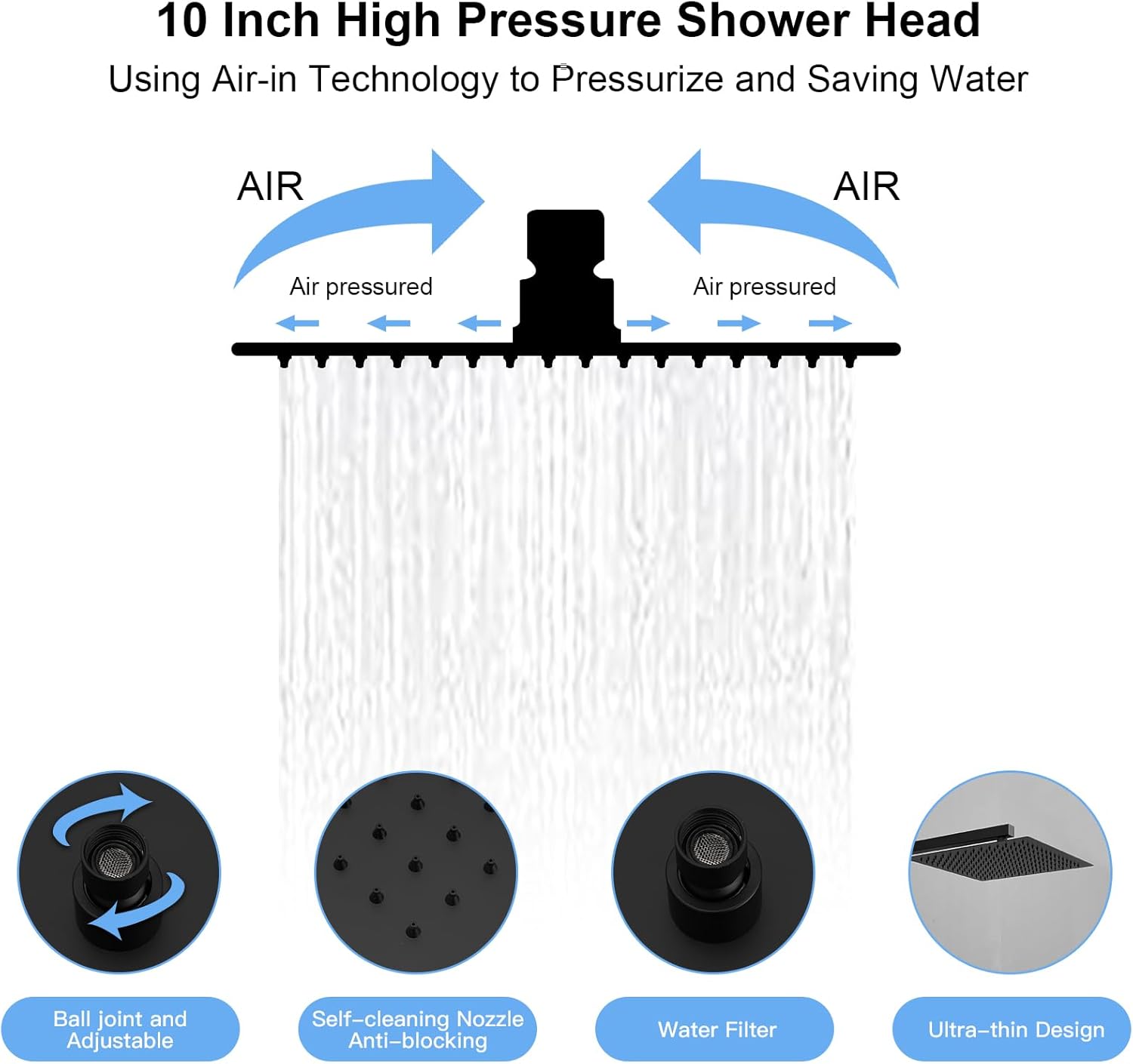 BWE Black Rain Shower System with Body Jets and Handheld Sprayer