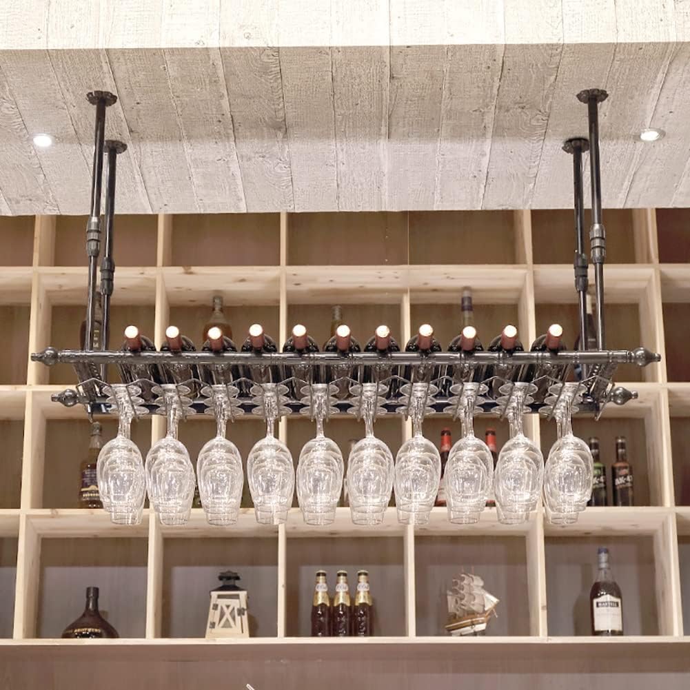 ZJDYDY Wall-Mounted Wine Rack Black Metal Frame with Adjustable Stemware Shelf