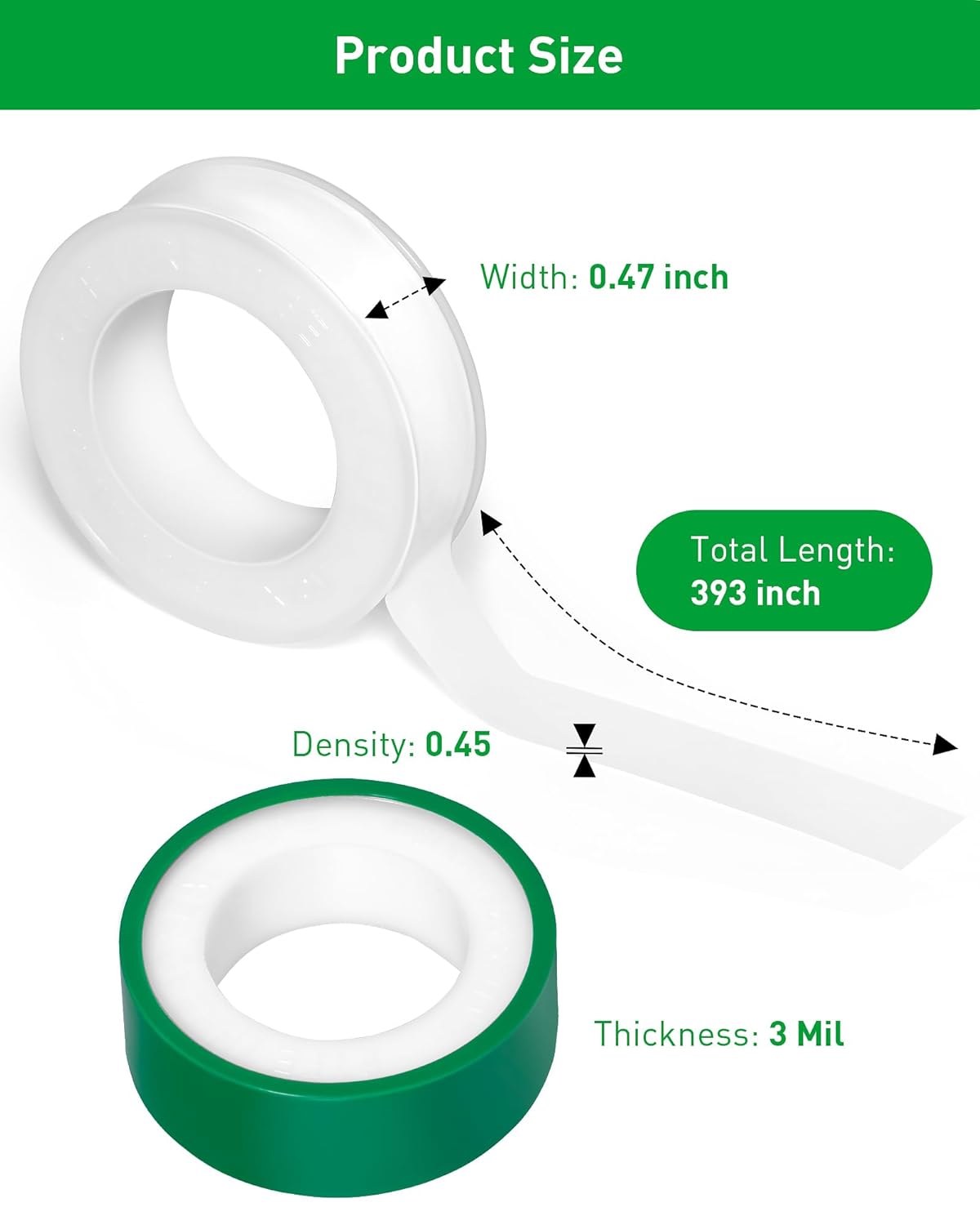 3 Roll Teflon Pipe Sealing Tape - 374 to 536F 390 in Length Green