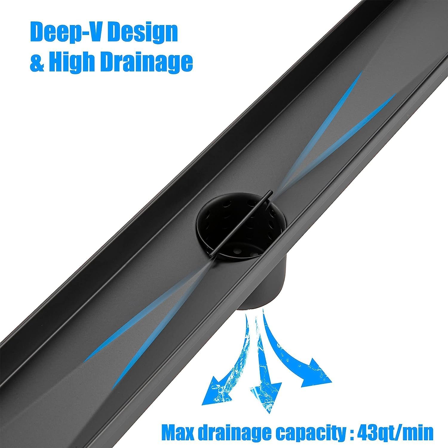 12 Inch Linear Shower Drain with Matte Black Hair Strainer 1