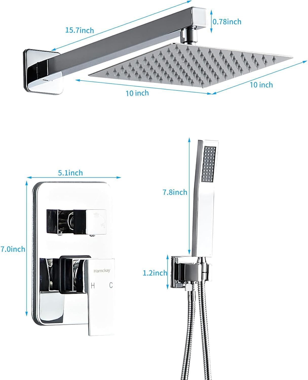 Hamckay 8 Inch Chrome Shower Faucet Set with Rain Head and Handheld