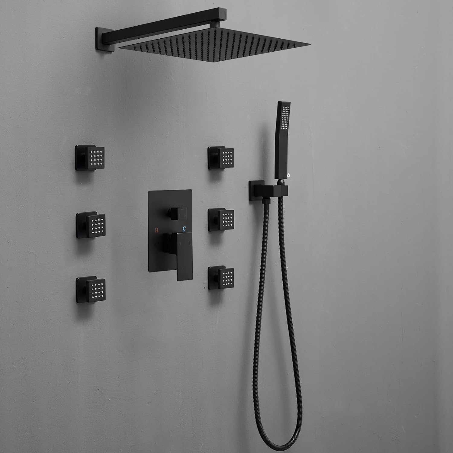BWE Black Rain Shower System with Body Jets and Handheld Sprayer
