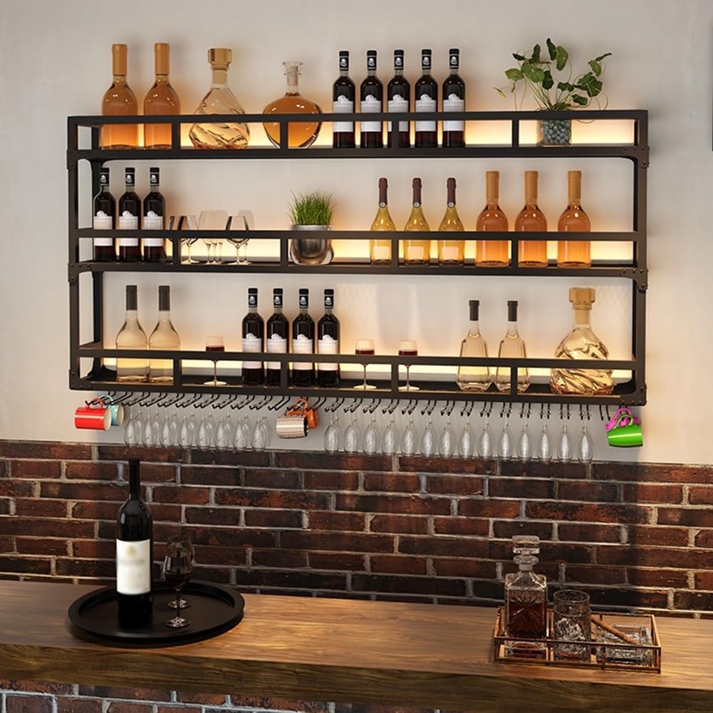 SilteD Wall-Mounted Wine Rack with LED 80x25x90cm Black Industrial Style