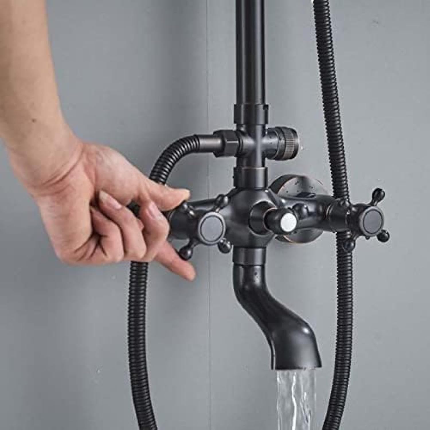 TECKI Dual Handle Bath Shower Set Black Brass 8 Rainfall System