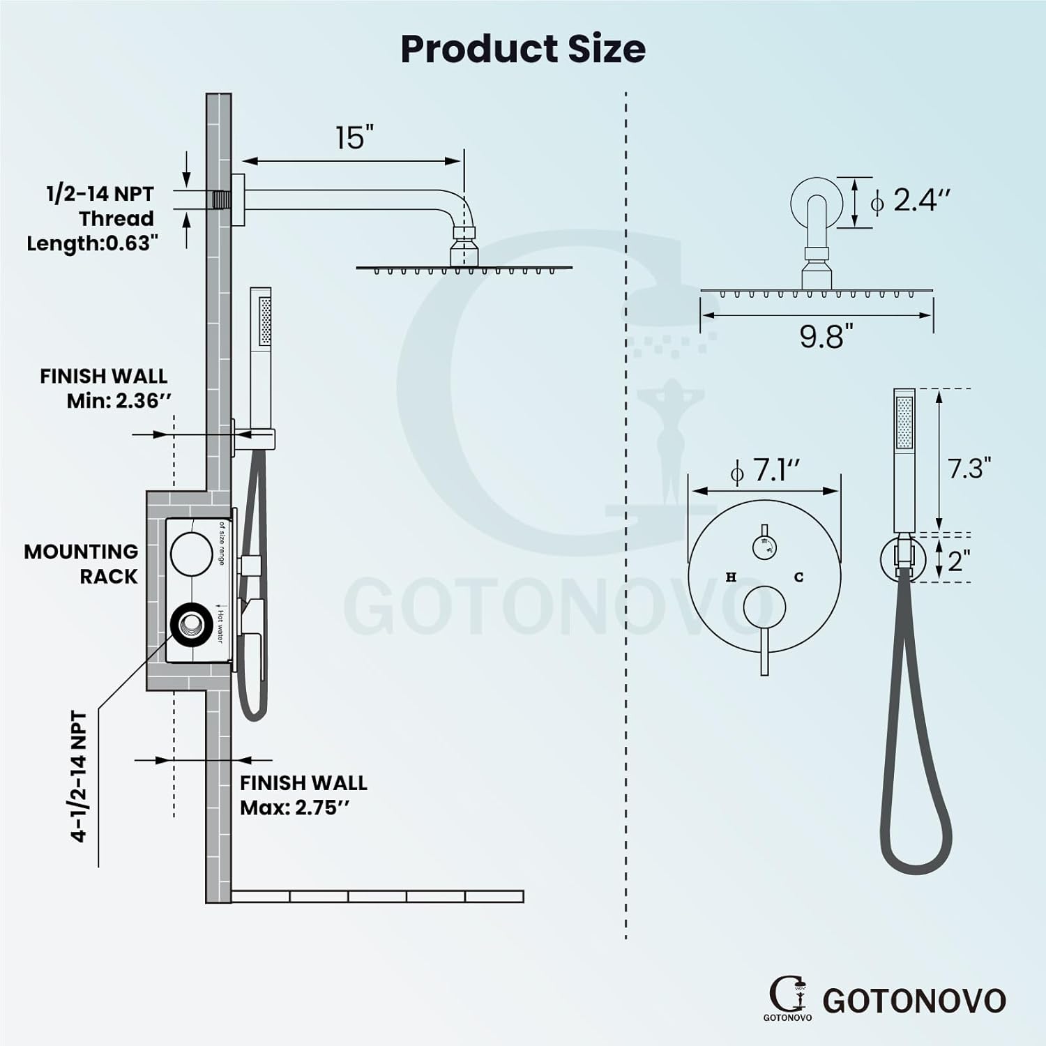 gotonovo Round Rain Showerhead with Handheld Spray and Rough In Valve