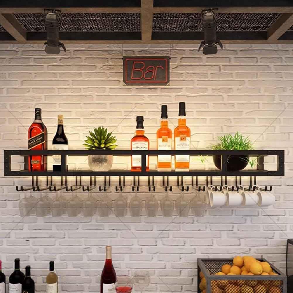 Wall Mounted Wine Rack with LED and Glass Holder - Black