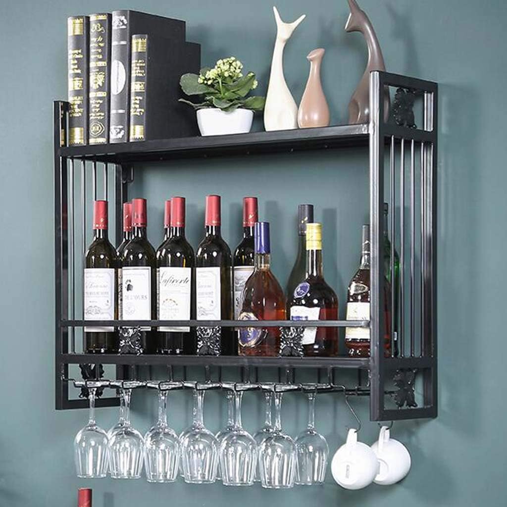 Wall-Mounted Wine Rack with Hooks and Dual Layer Storage