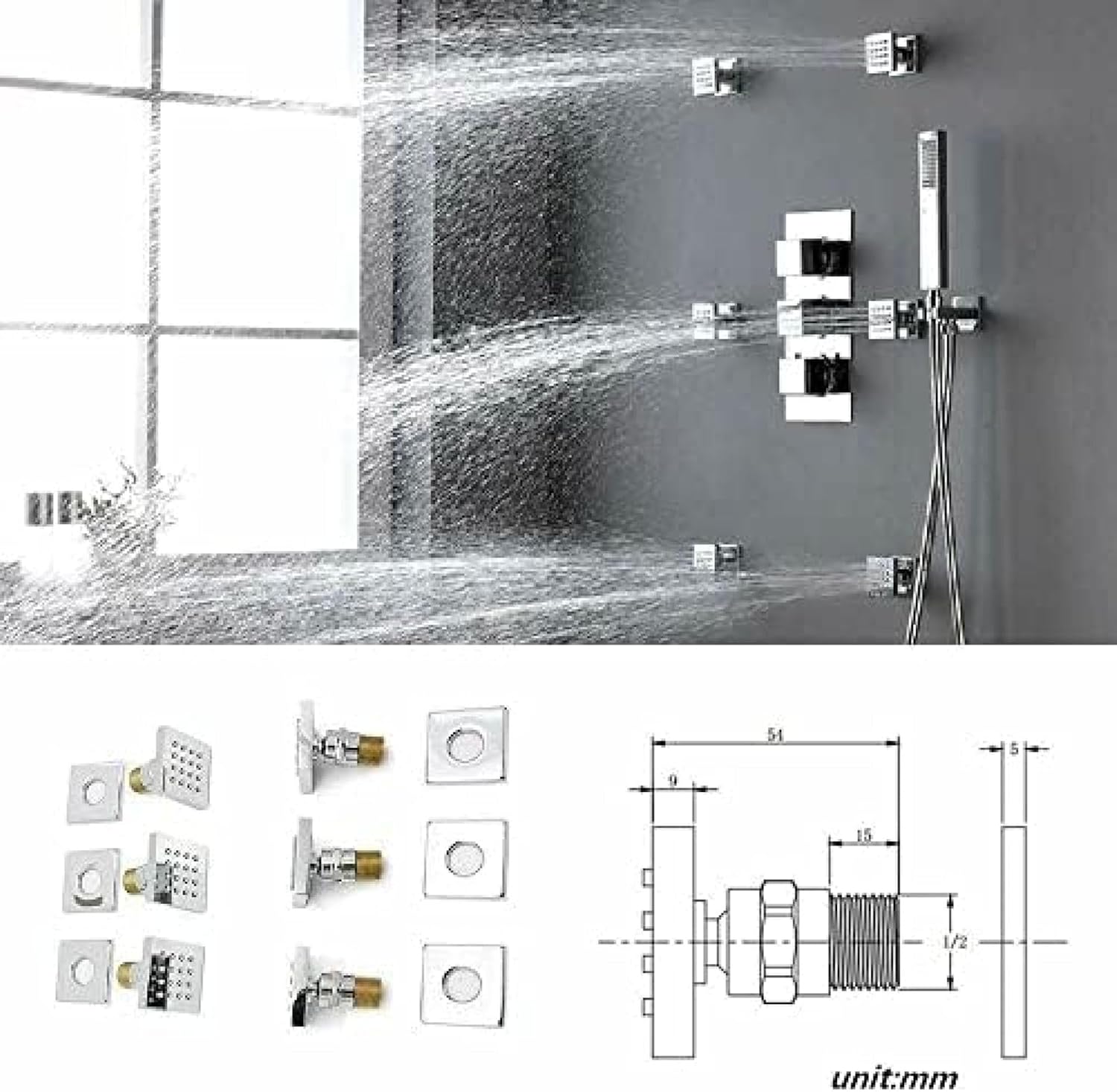 TECKI Thermostatic Shower System Set With 16 Inch Head And Handheld Tap