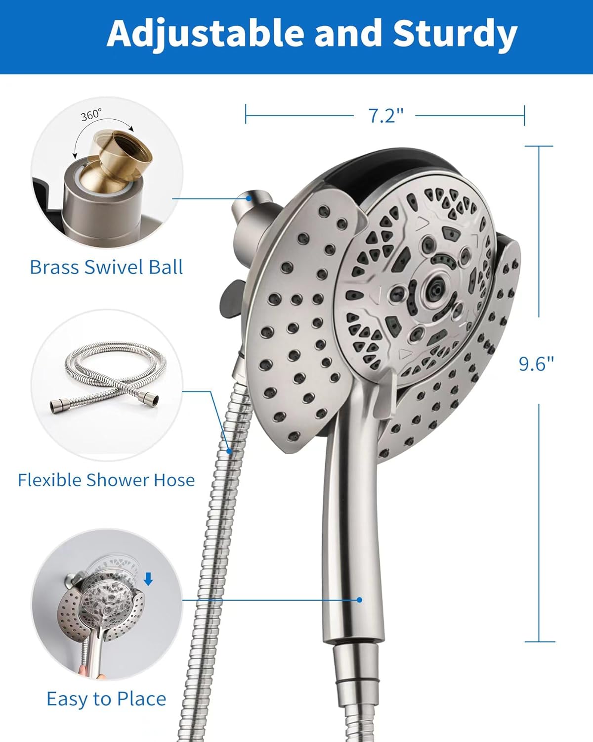 INAVAMZ 25GPM Dual Shower Head Combo with 60 Rotatable Hose