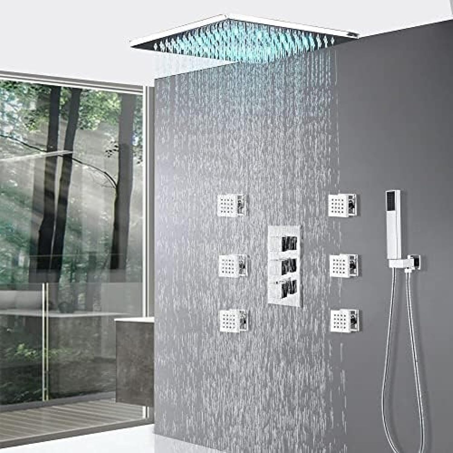 TECKI Thermostatic Shower System Set With 16 Inch Head And Handheld Tap