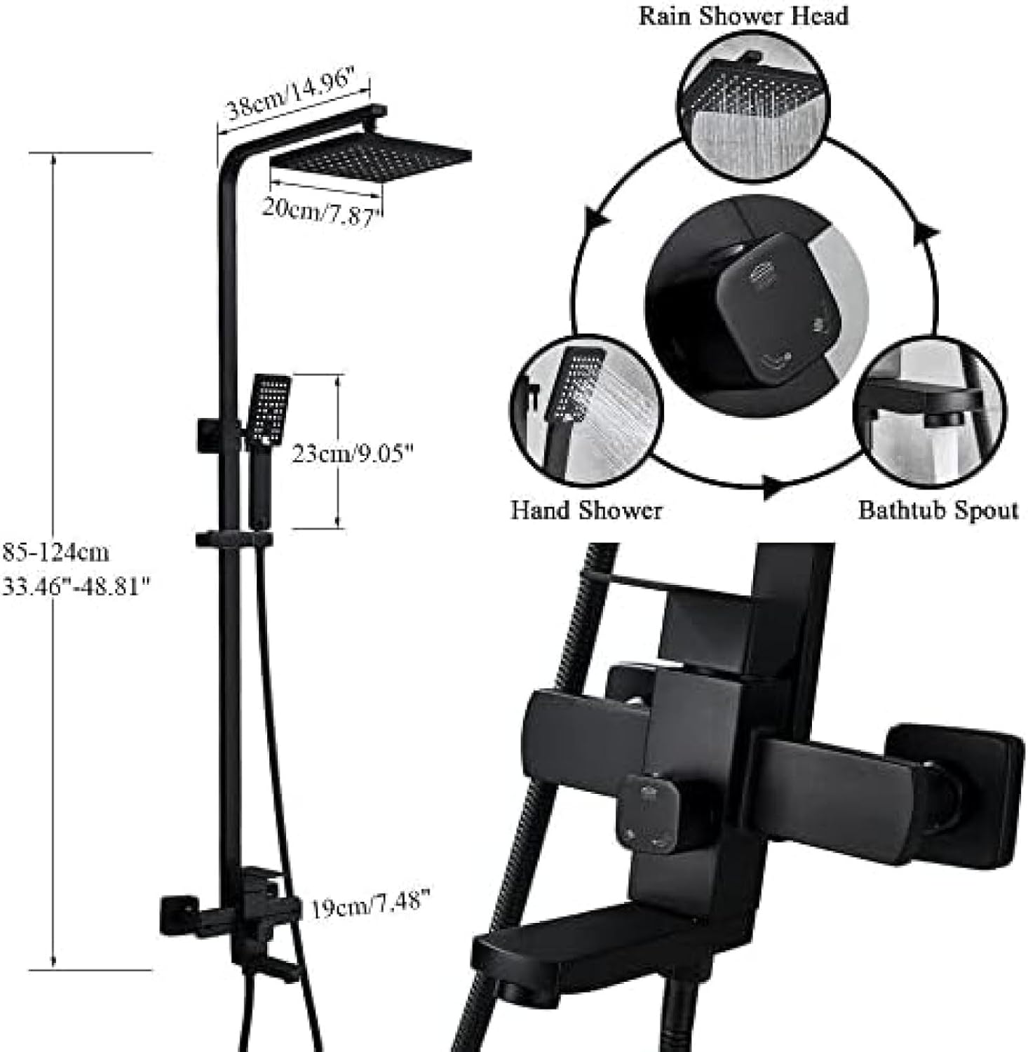 TECKI Rainfall Shower Faucet System with Handheld and Wall-Mounted Mixers Matte Black