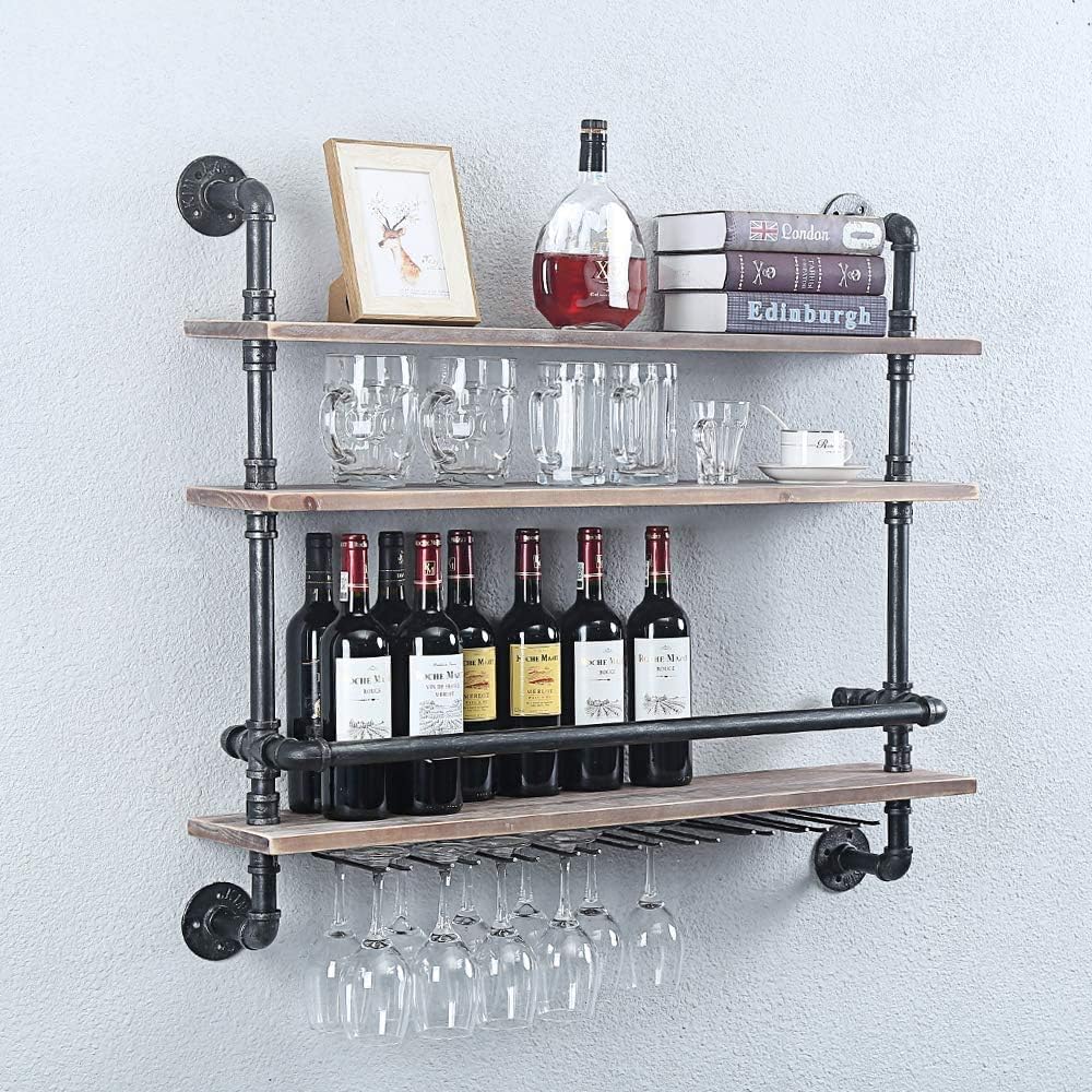 Pimex Wall-Mounted 3-Layer Wine Rack with Iron Frame and Glass Holders