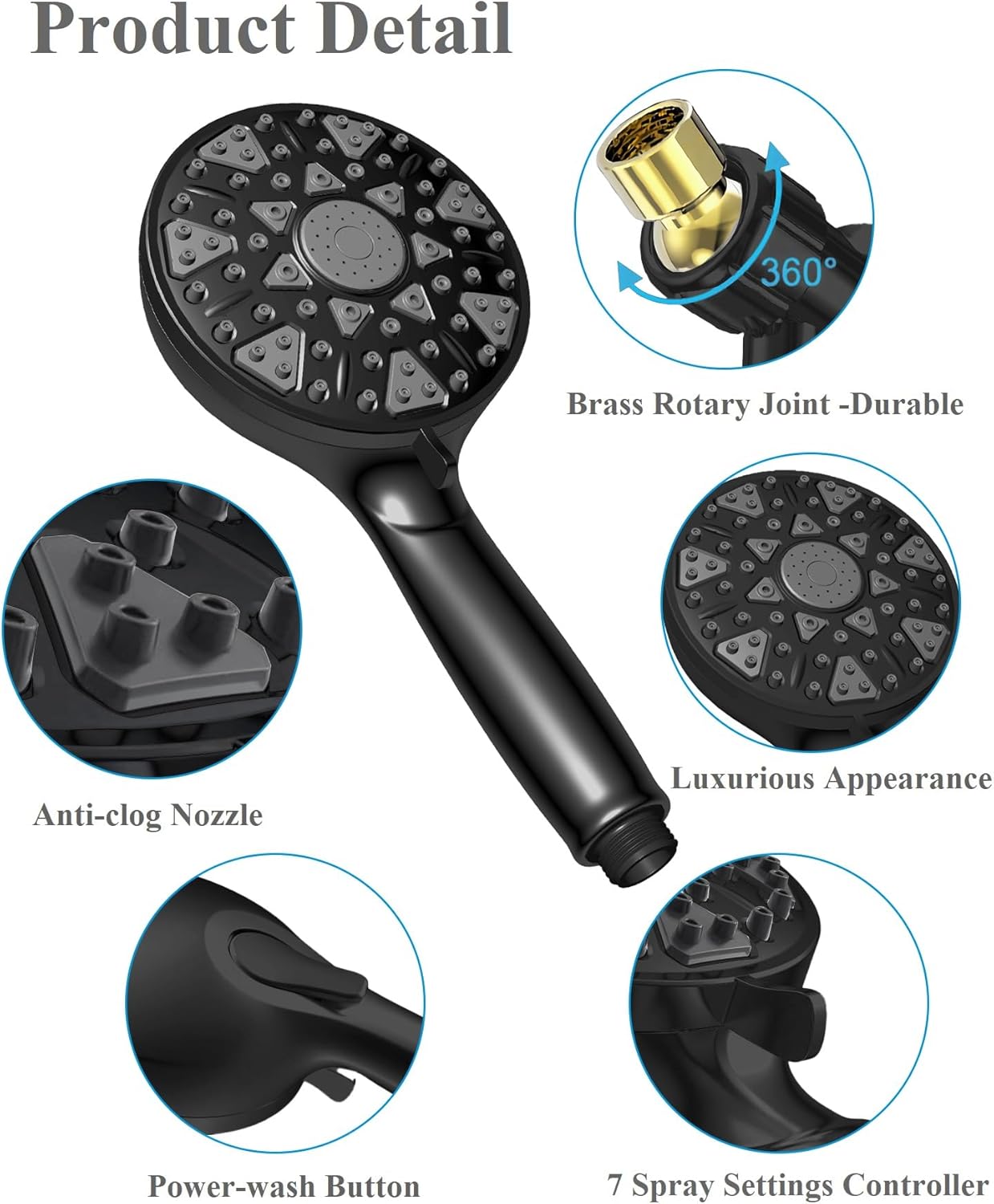 BOWGER High Pressure Handheld Shower Head with 7 Modes - Matt Black