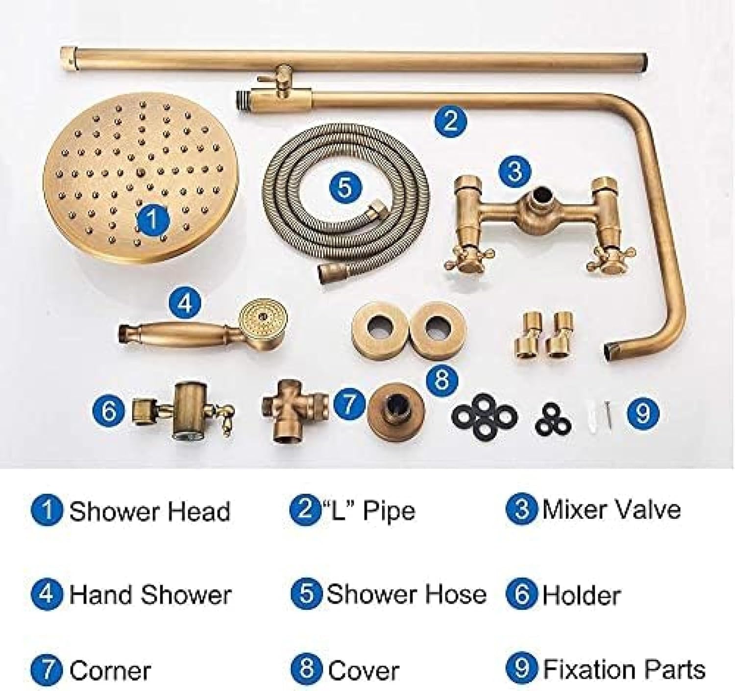TECKI Antique Brass Shower Faucet Set with Rainfall Head