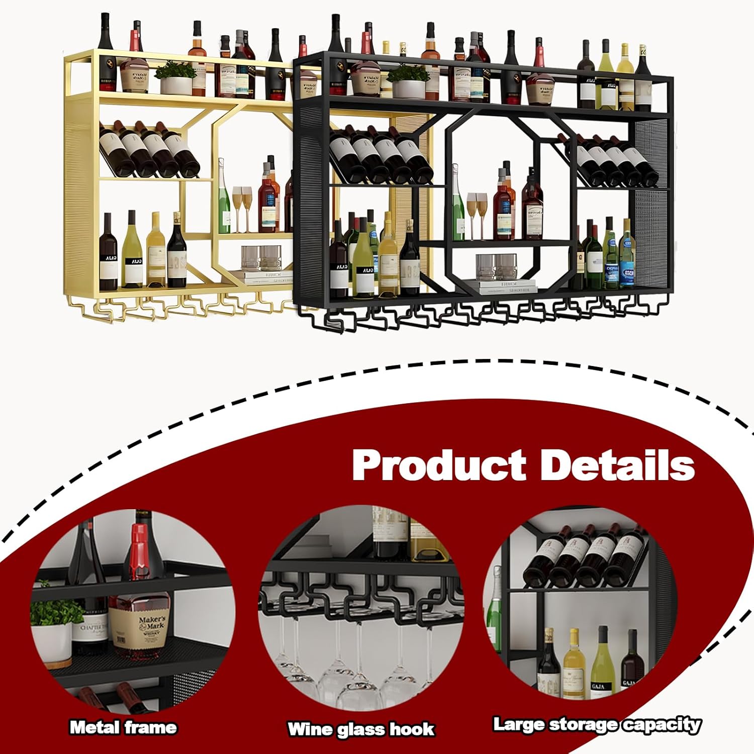 RAJYQODIS 4724in Wall-Mounted Wine Rack with Glass Holder