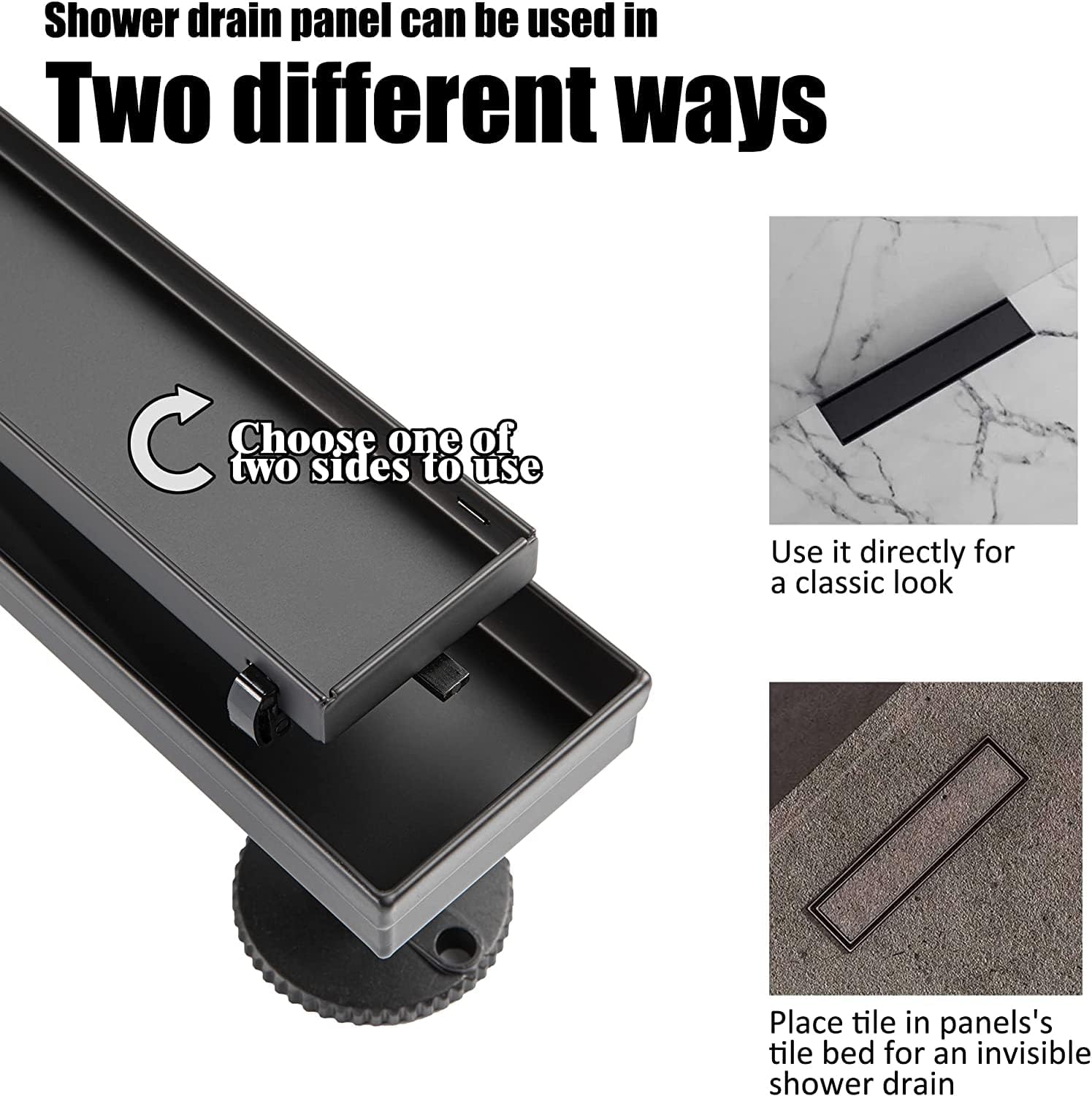 12 Inch Linear Shower Drain with Matte Black Hair Strainer 1