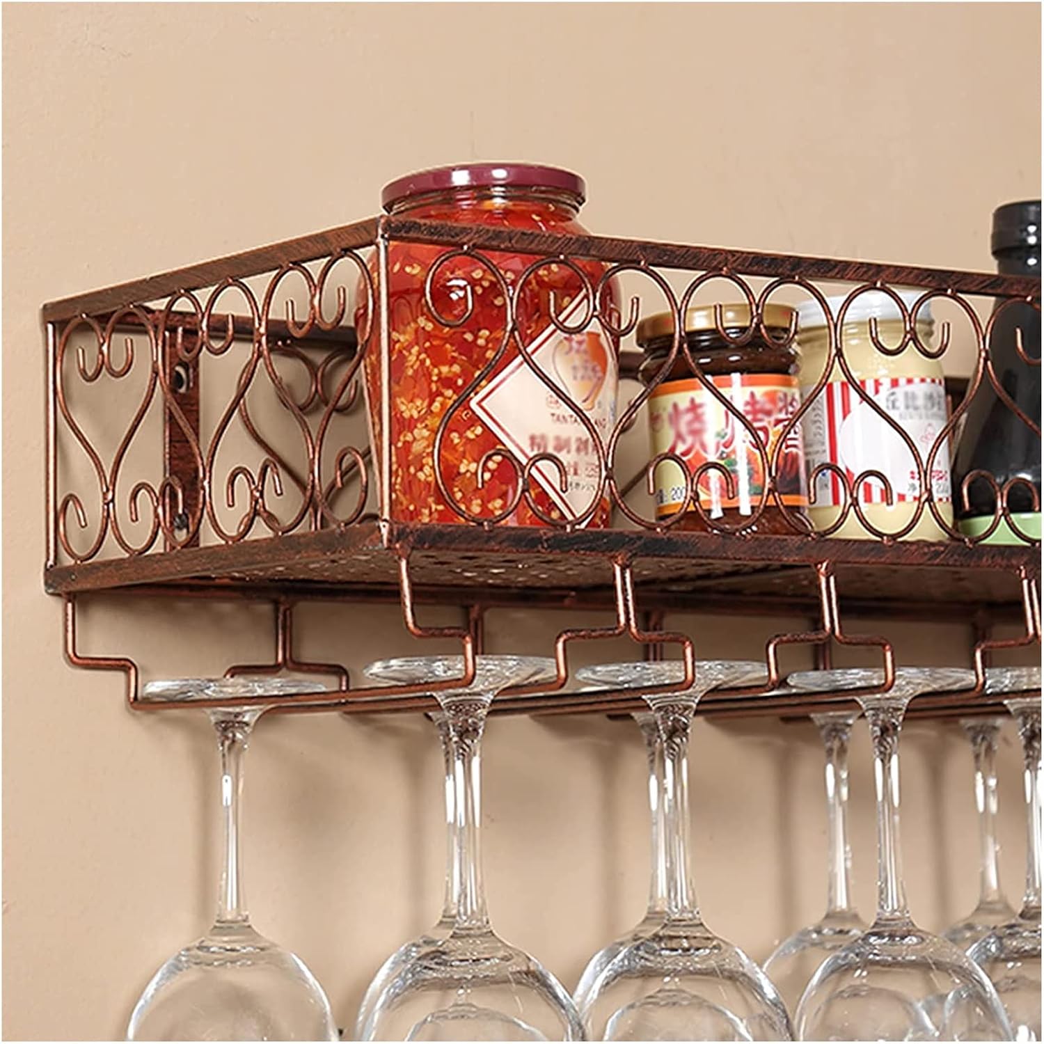ALDEPO Wall Mounted Wine Rack with Glass Holder Rustic Metal Design 60x25x16CM Bronze
