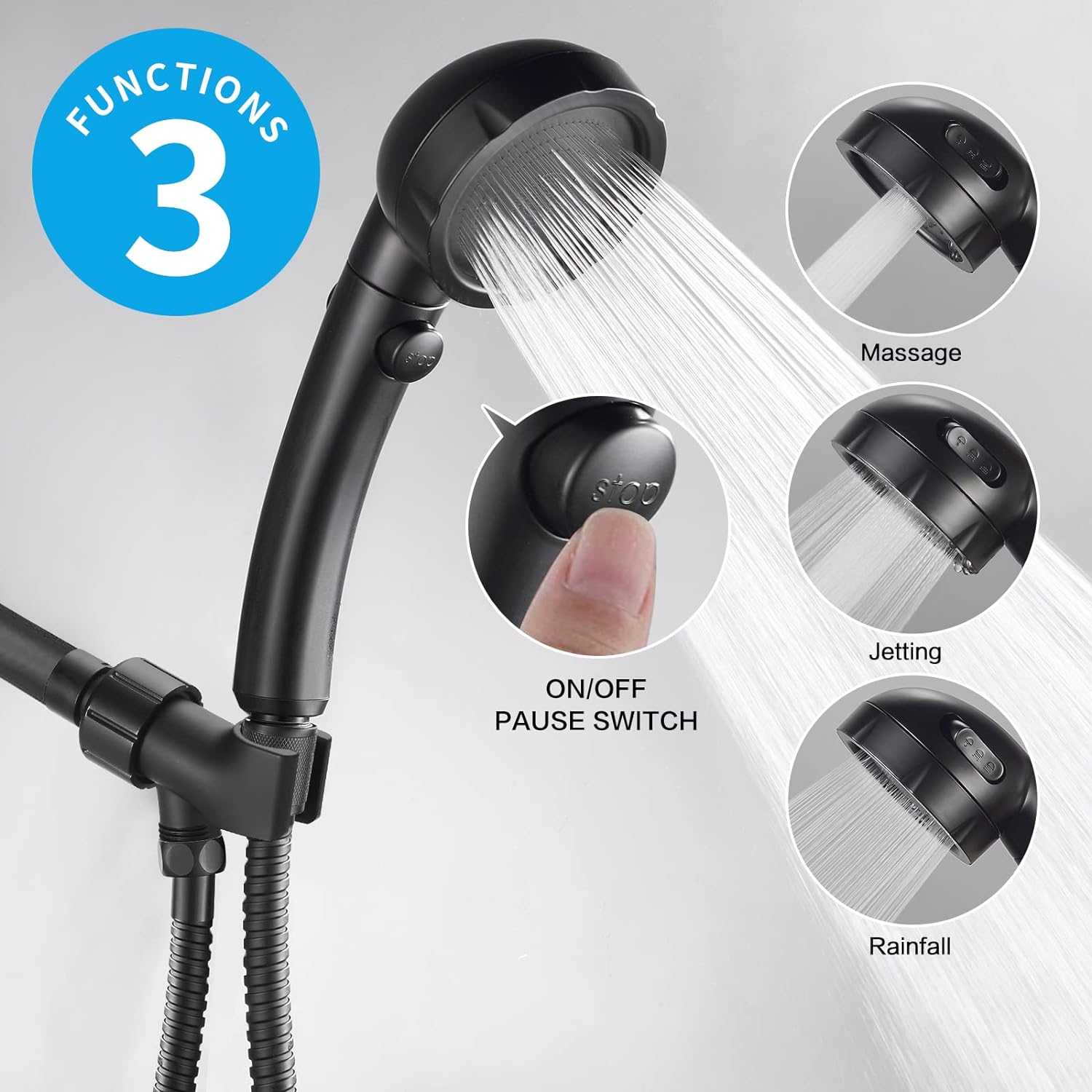 KAIYING Handheld Shower Head with 3 Spray Modes and ONOFF Switch Black