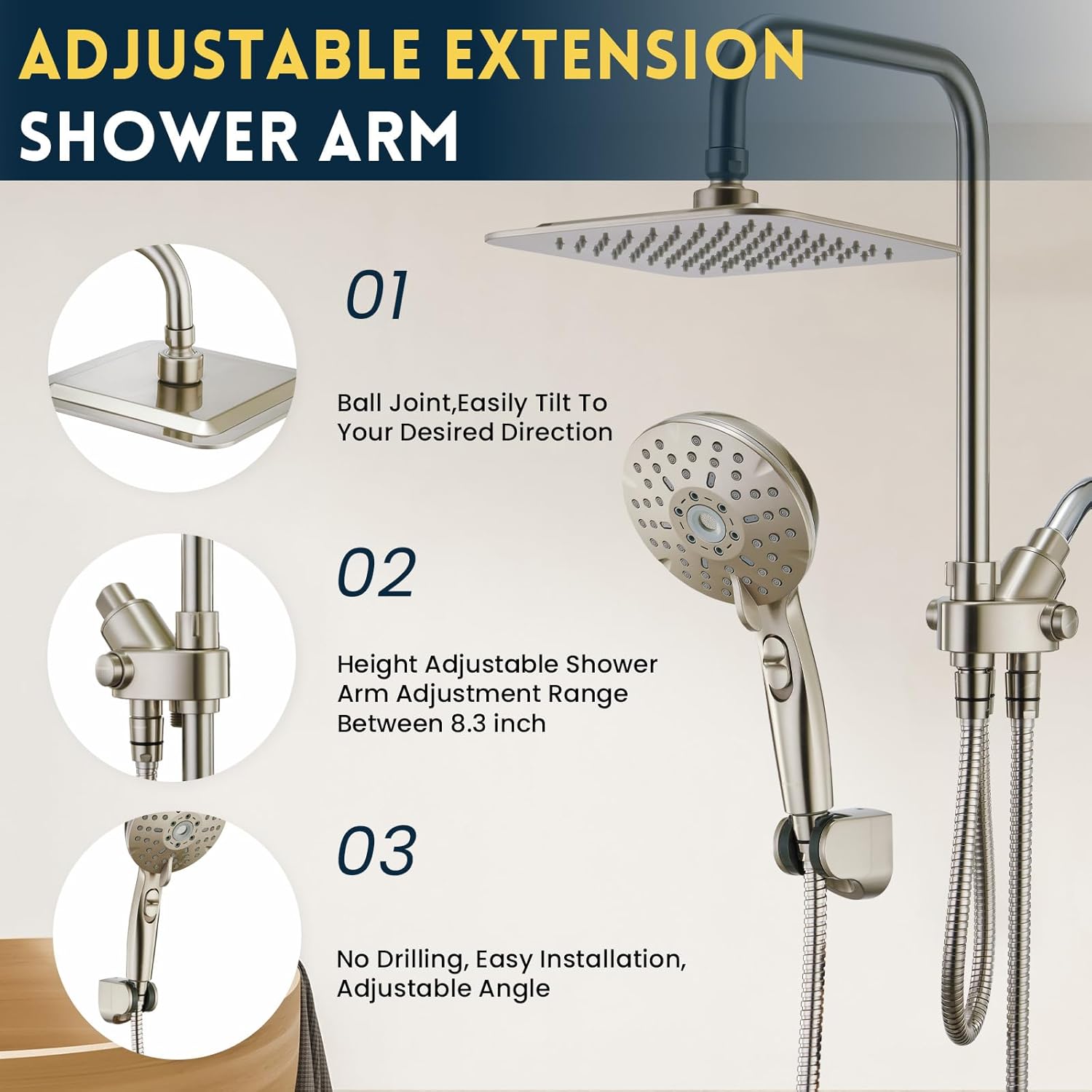 Ryamen Dual Shower Head Combo with 6 Settings Adjustable Slide Bar