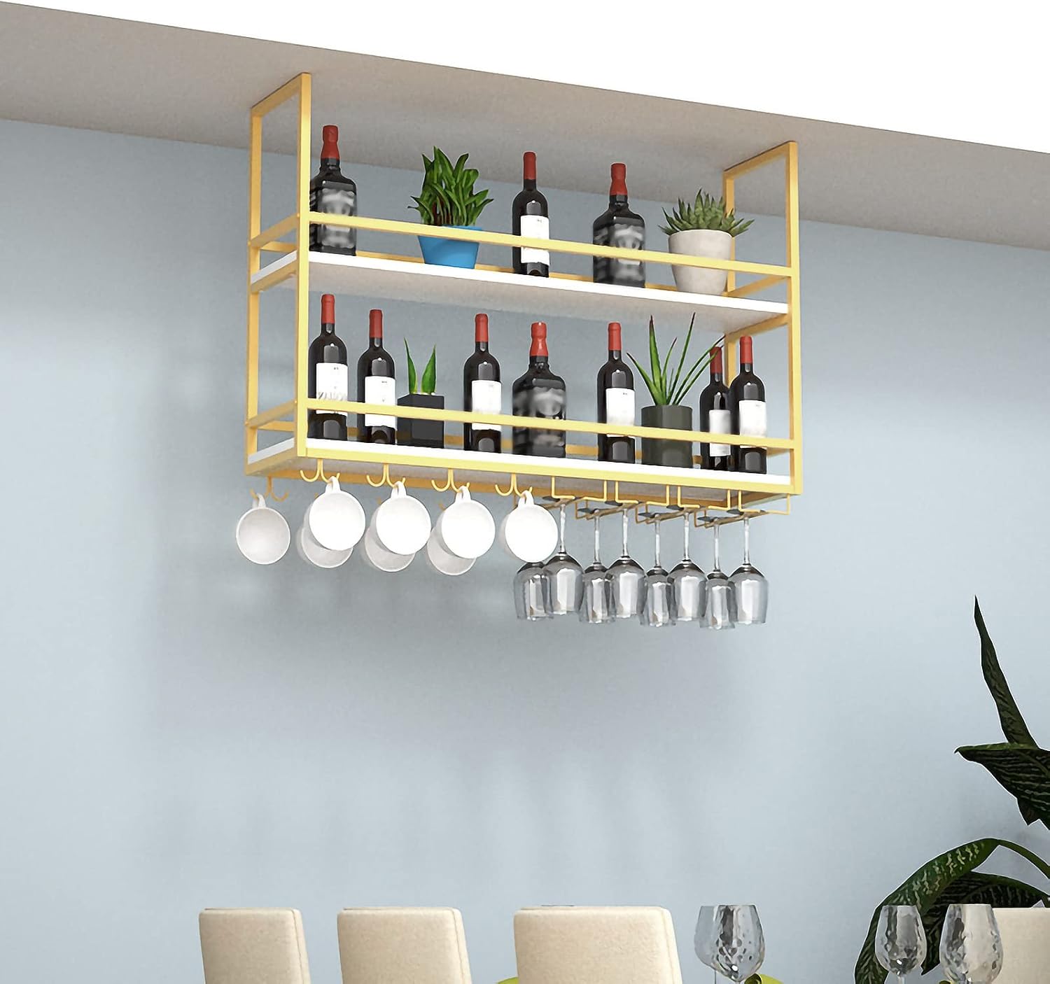 ZJDYDY 2 Tier Ceiling Wine Rack with Stemware Holder and Guard Rail
