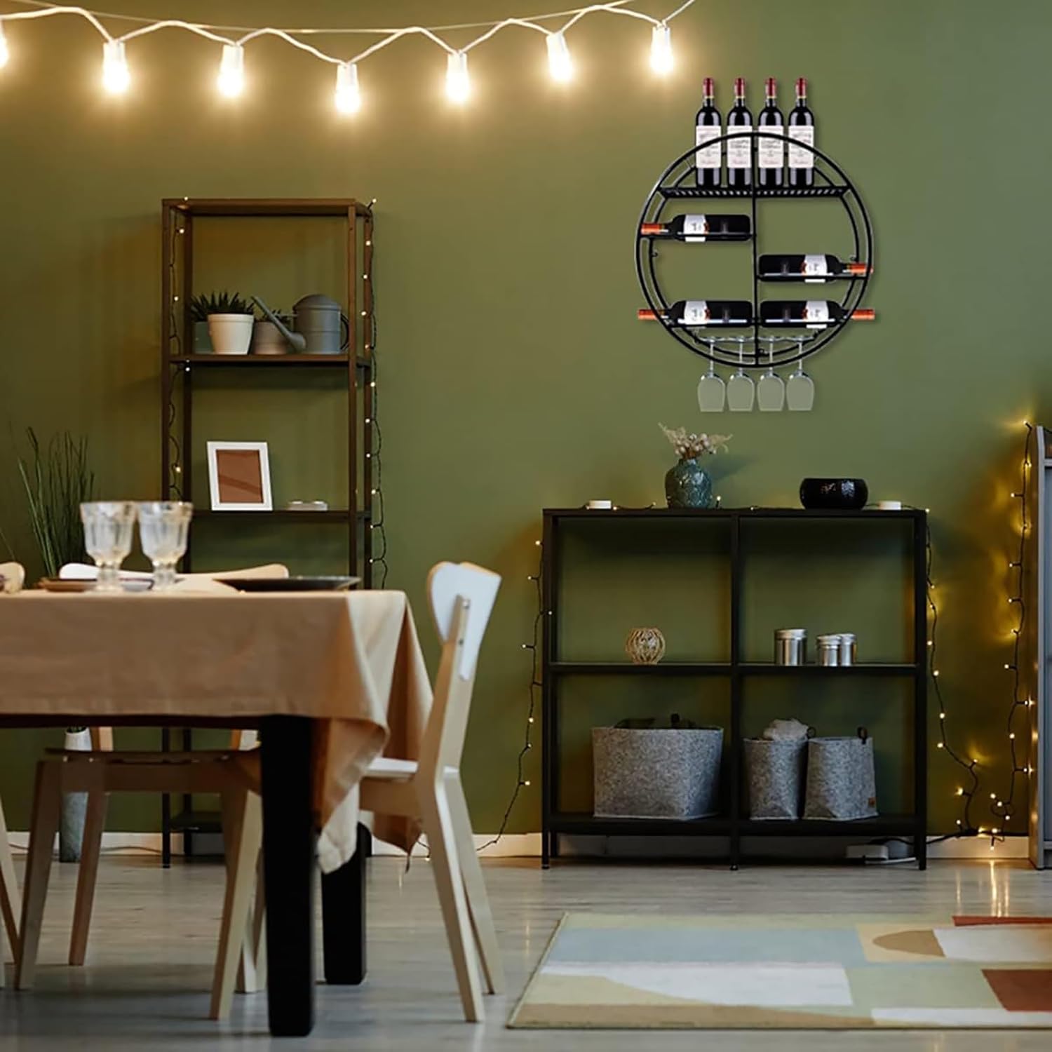 Round Wall Mounted Wine Rack Black and Gold Metal