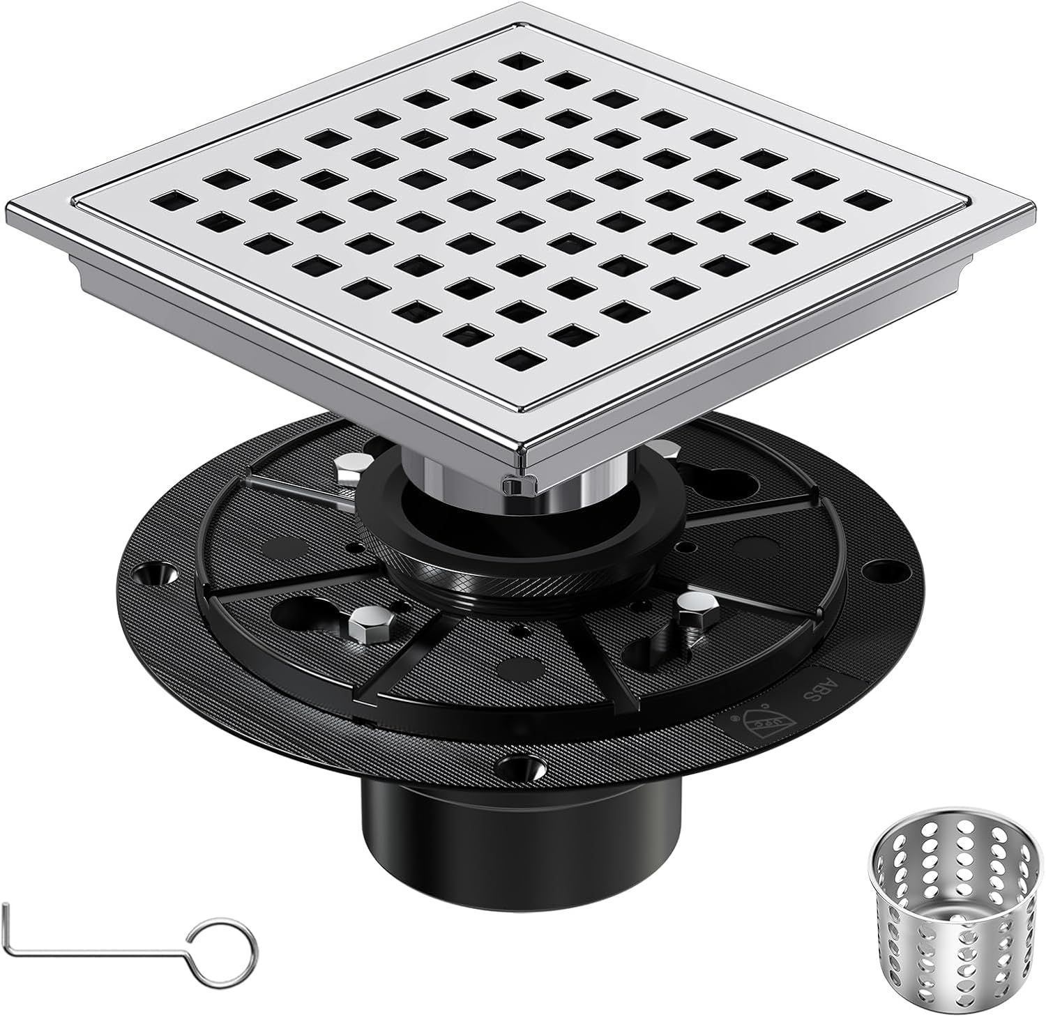 6 Inch Square Drain with Chrome Finish and Removable Cover