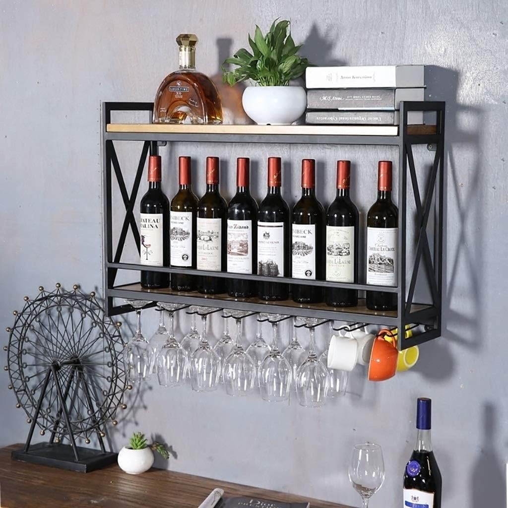 Solid Wood Wall-Mounted Wine Rack with Glass Holder