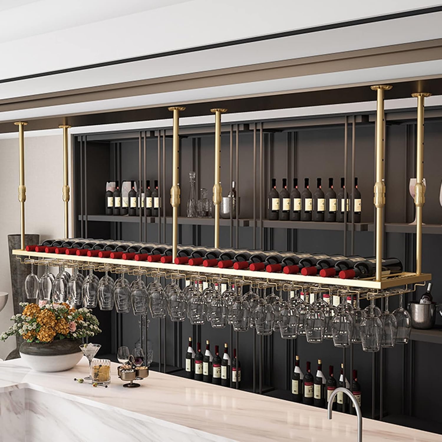 Ceiling Hanging Wine Rack with Gold Finish