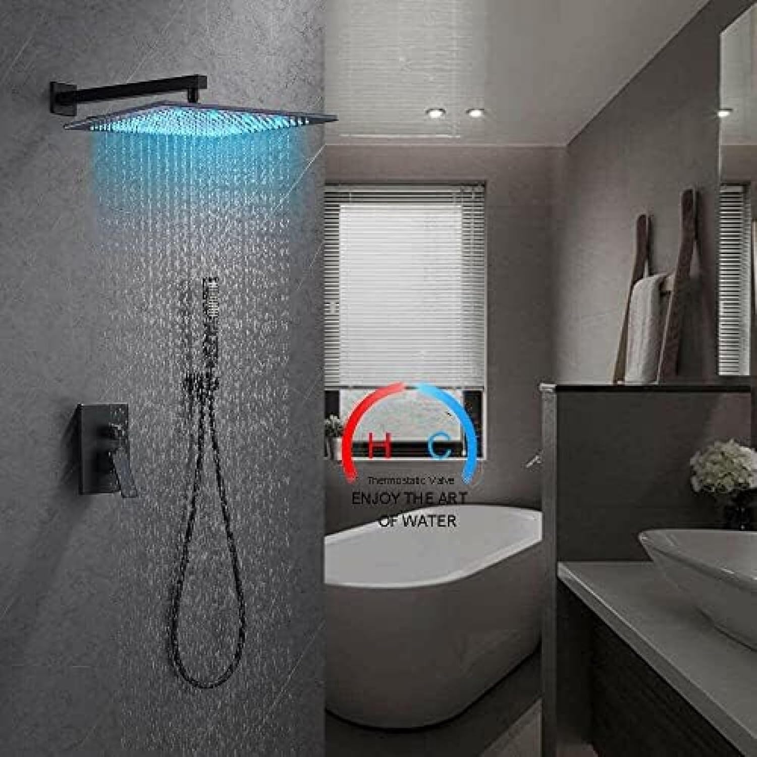 TECKI Thermostatic Shower Faucet System with LED Rainfall and Handheld Massage