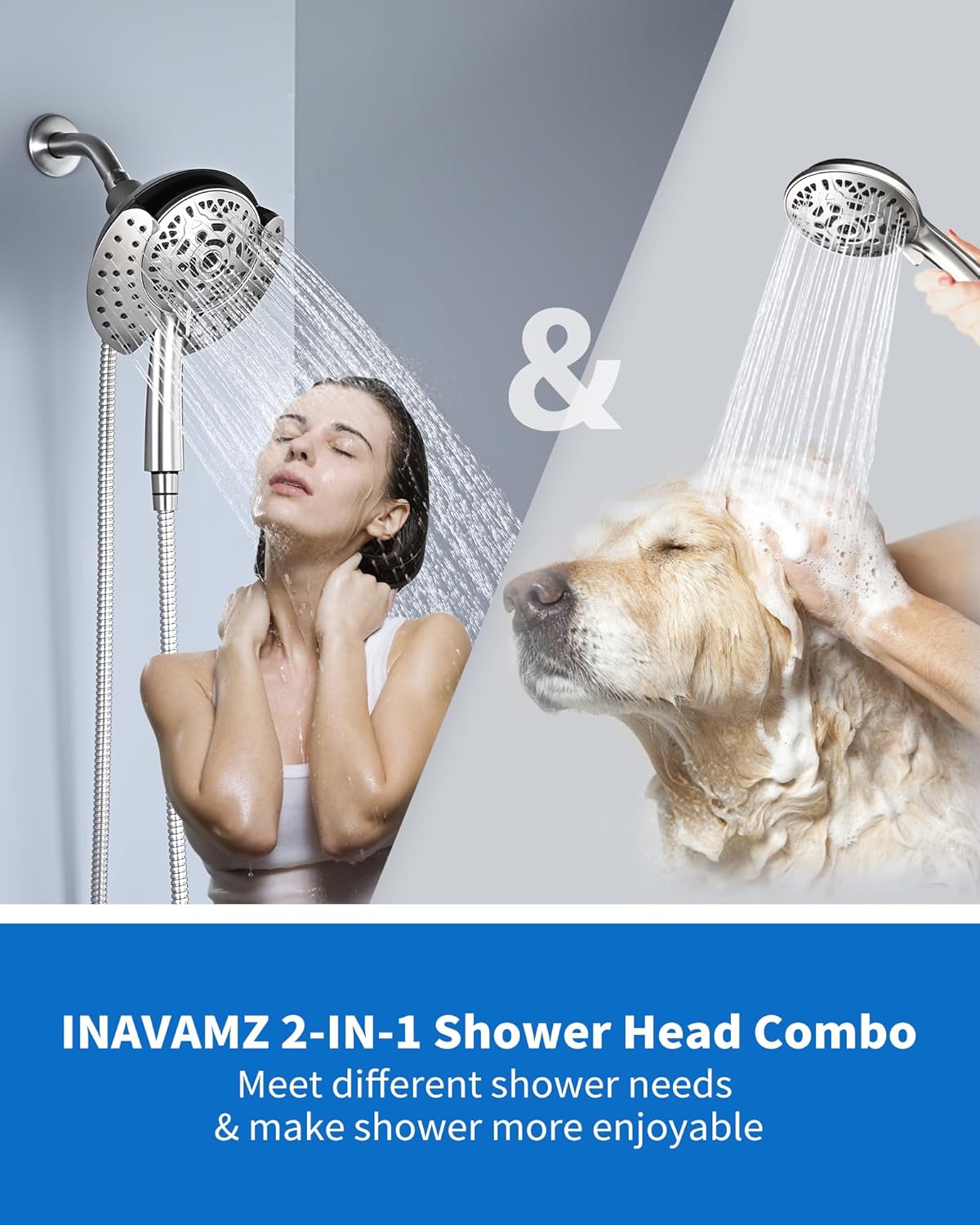 INAVAMZ 25GPM Dual Shower Head Combo with 60 Rotatable Hose