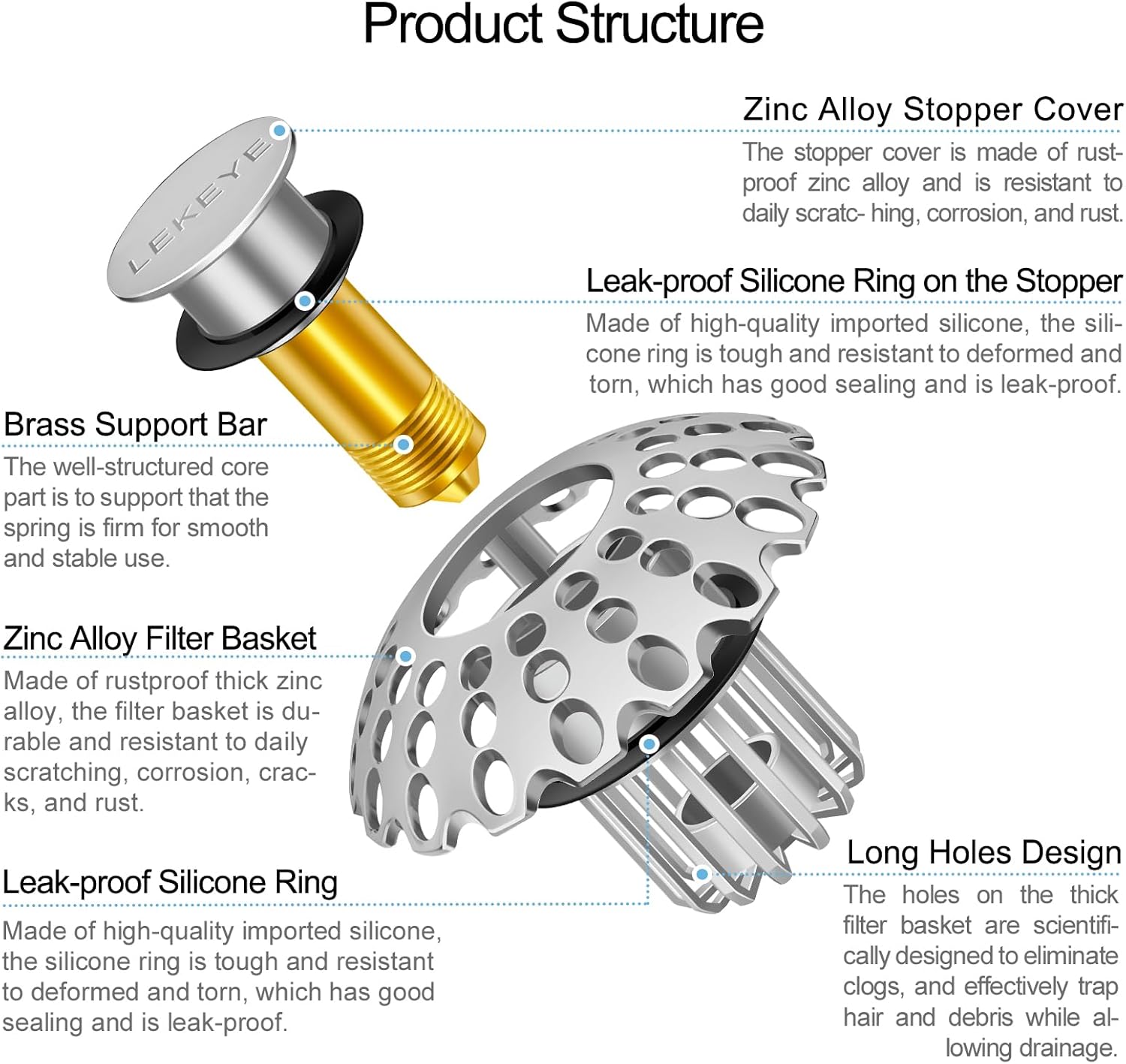LEKEYE Bathroom Sink Stopper with Hair Catcher - Pearl Chrome