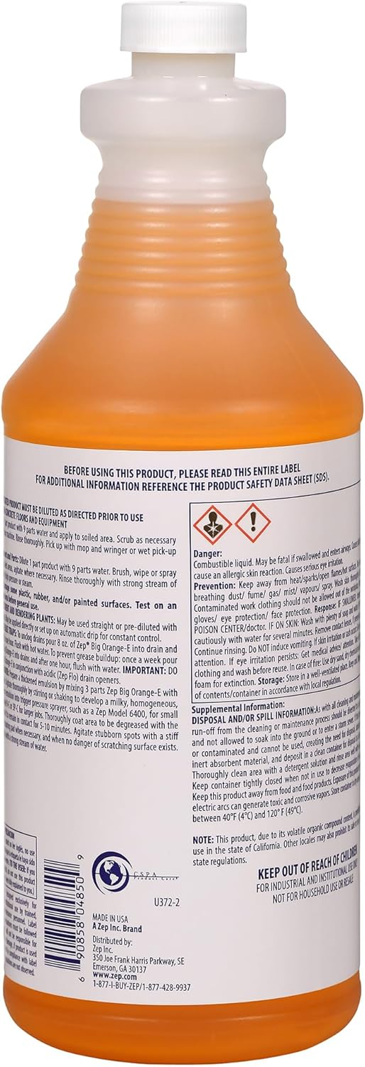 Zep Big Orange-E Citrus Industrial Degreaser 1 Quart Case of 12