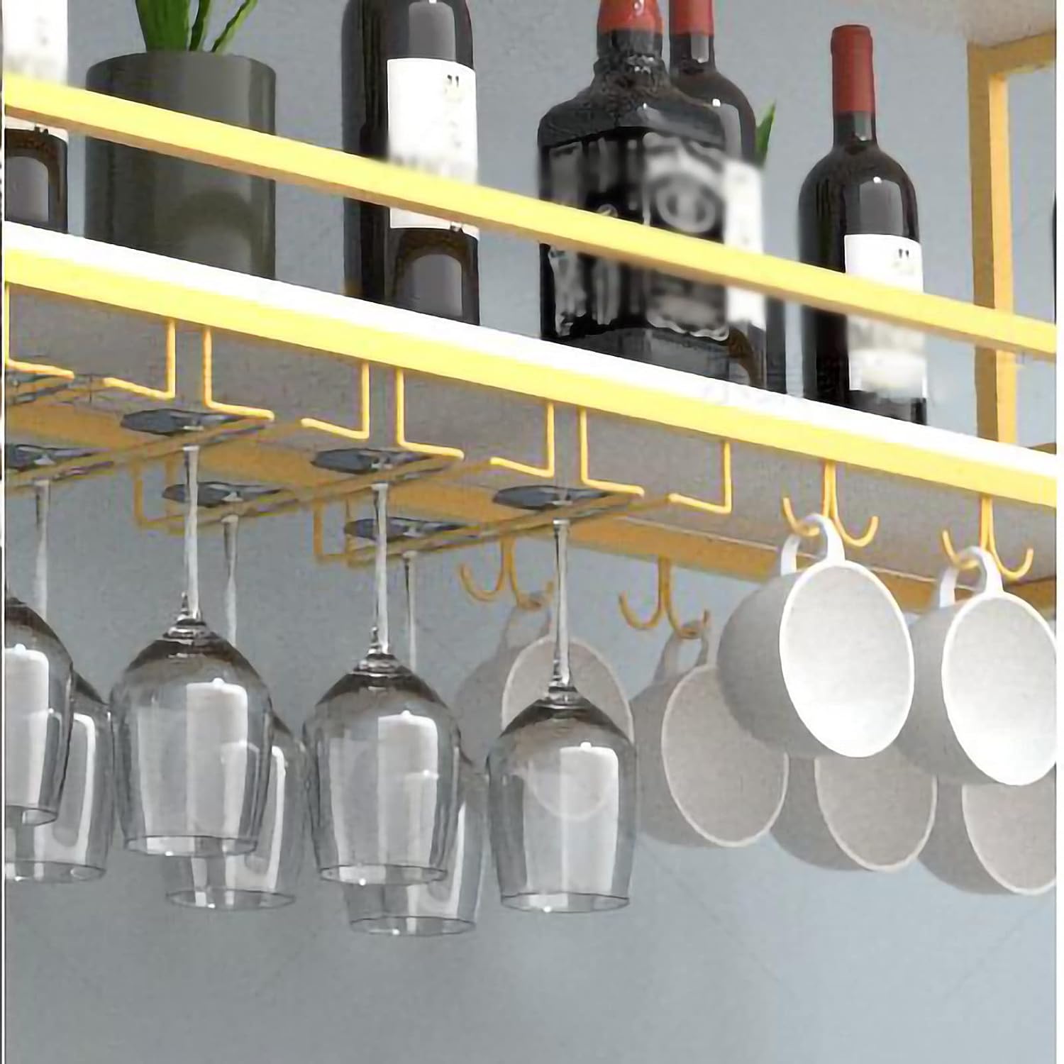 ZJDYDY 2 Tier Ceiling Wine Rack with Stemware Holder and Guard Rail