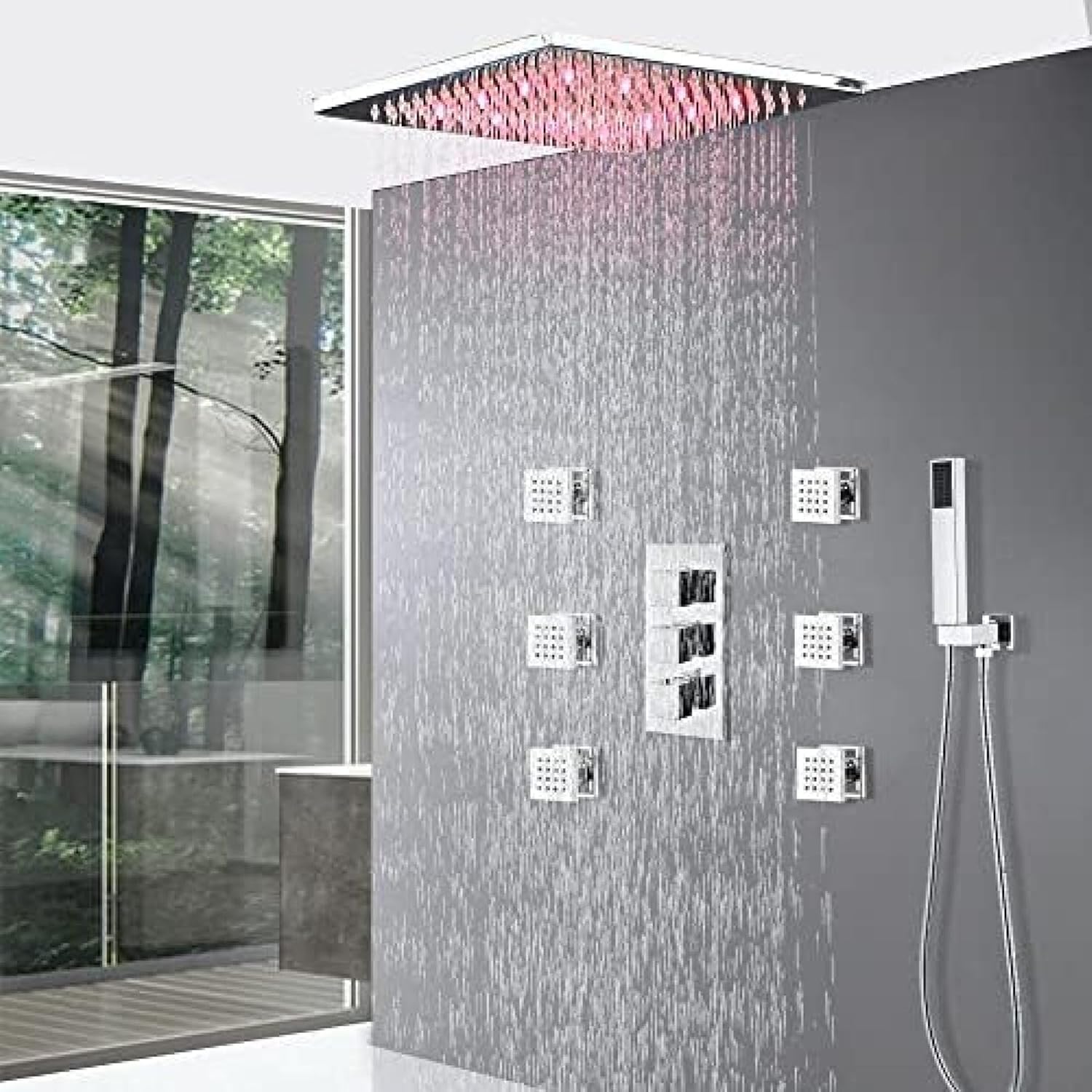 TECKI Thermostatic Shower System Set With 16 Inch Head And Handheld Tap