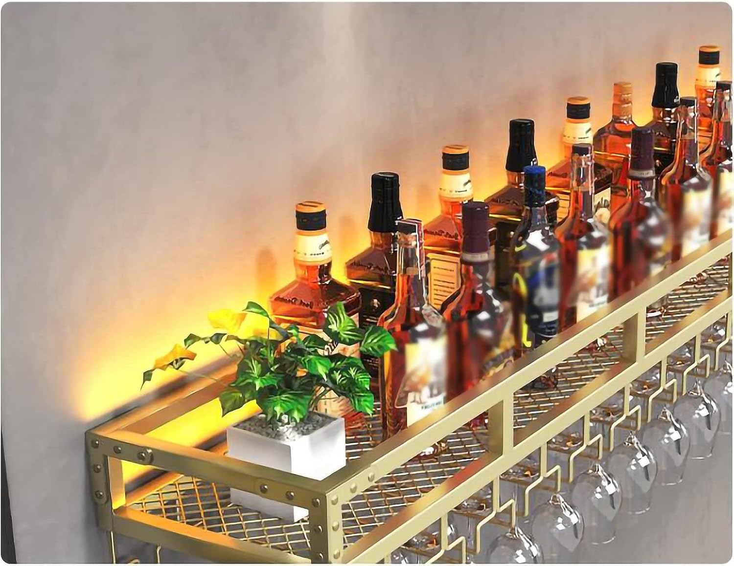 Wall-Mounted Metal Wine Rack with Glass Holder Gold 60x25x14cm