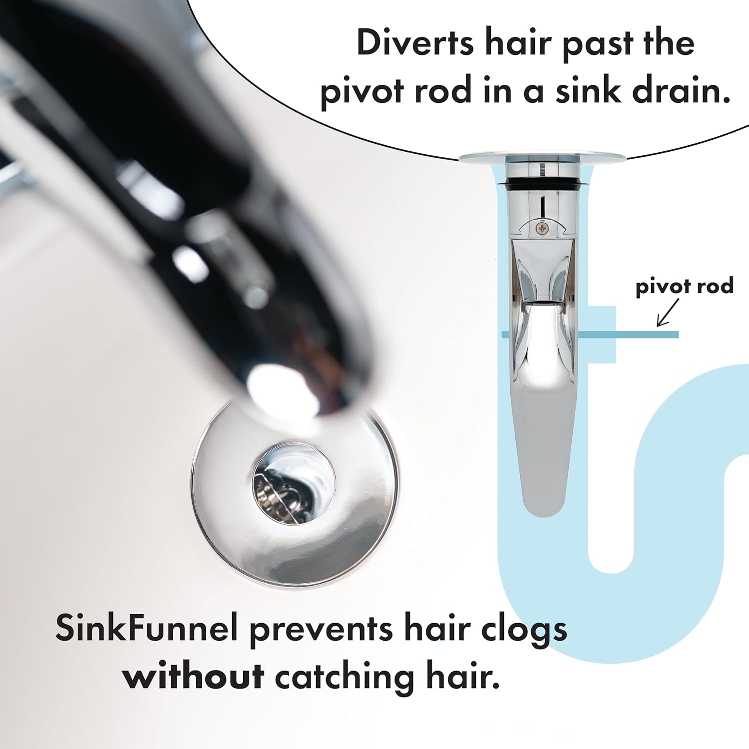DrainFunnel Chrome Sink Drainer for Hair Clog Prevention