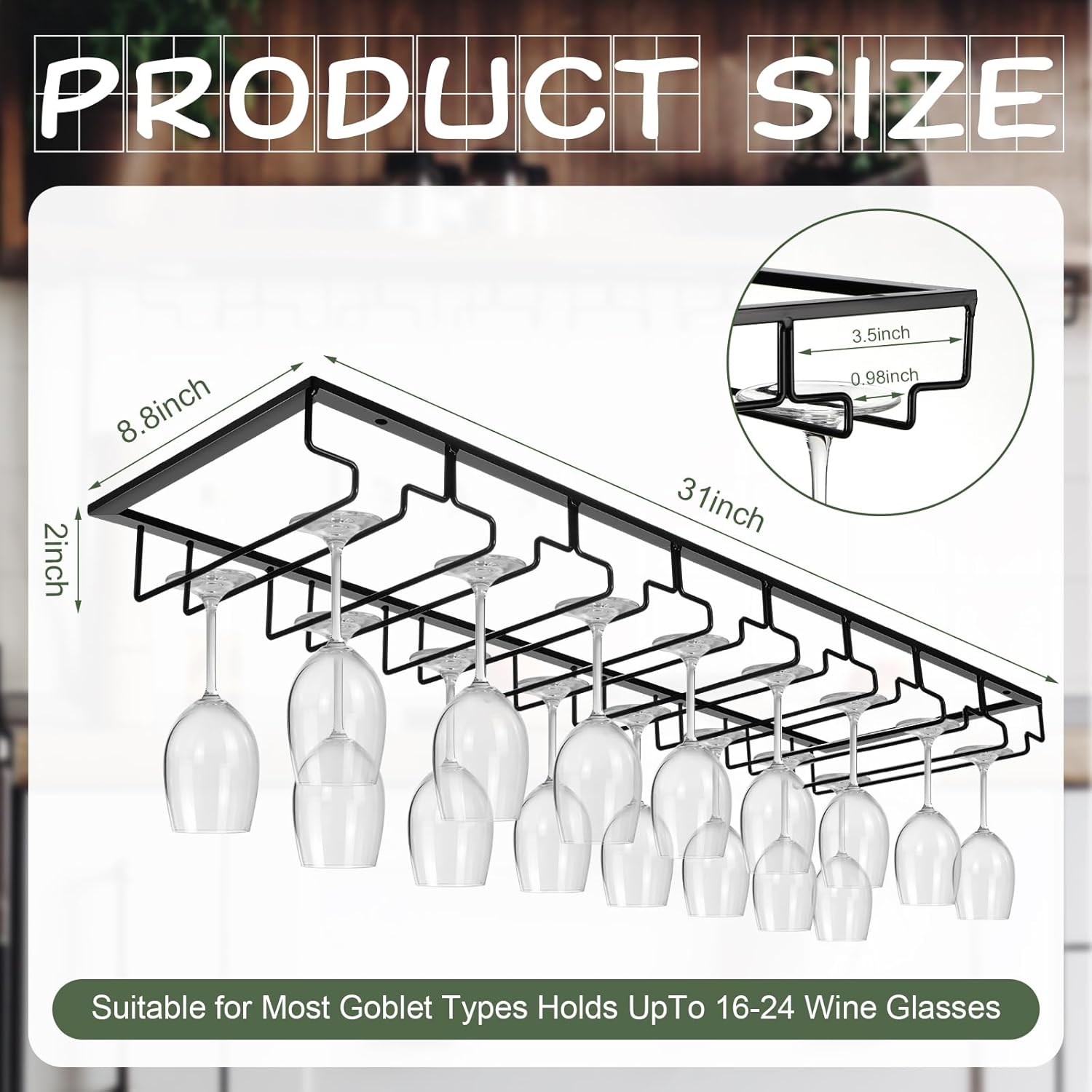 8 Row Wine Glass Rack 315 Inch Cabinet Holder Black