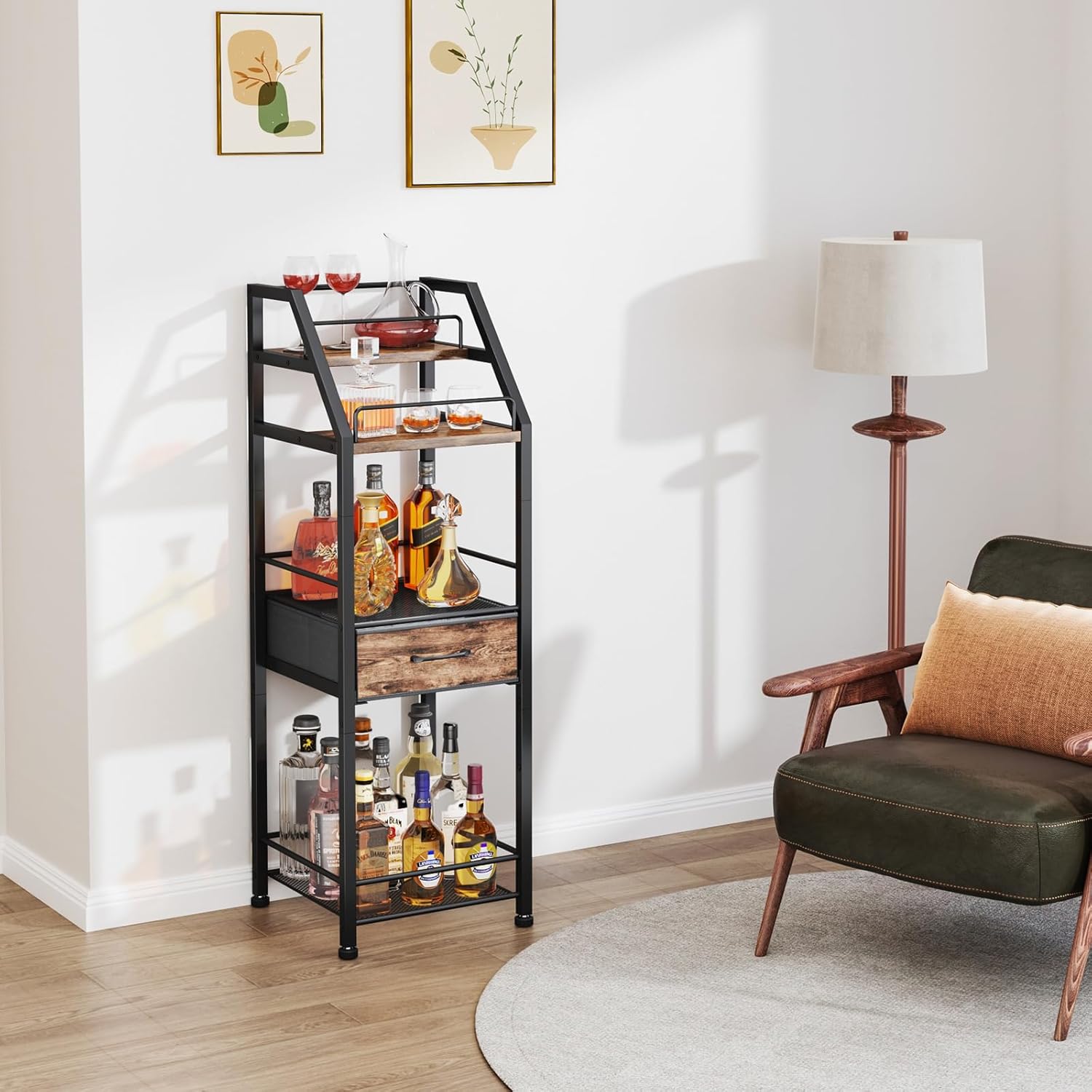 HapiRm 4-Tier Freestanding Wine Rack with Fabric Drawer