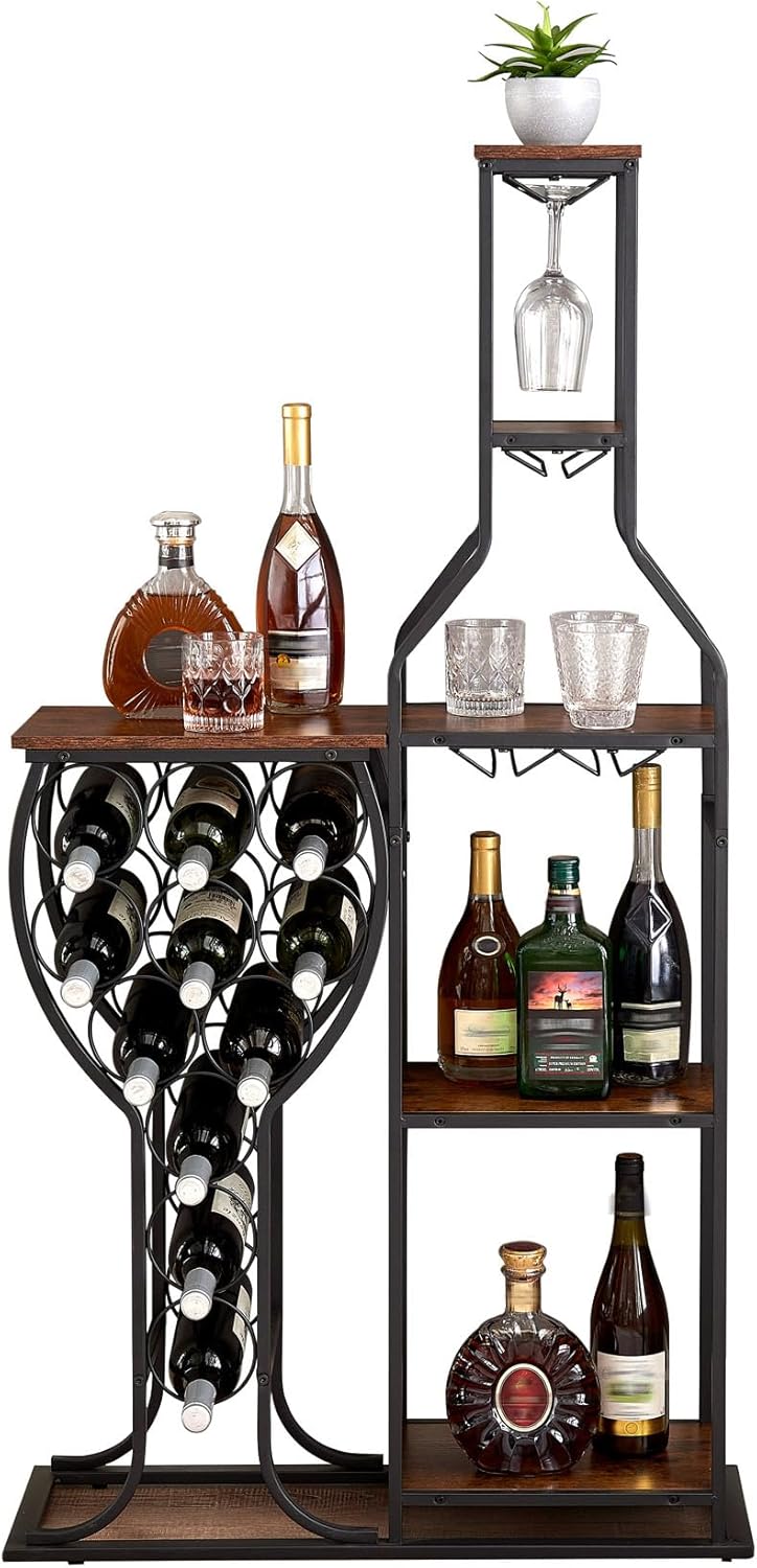 5 Tier Freestanding Wine Rack with Glasses Holder Brown