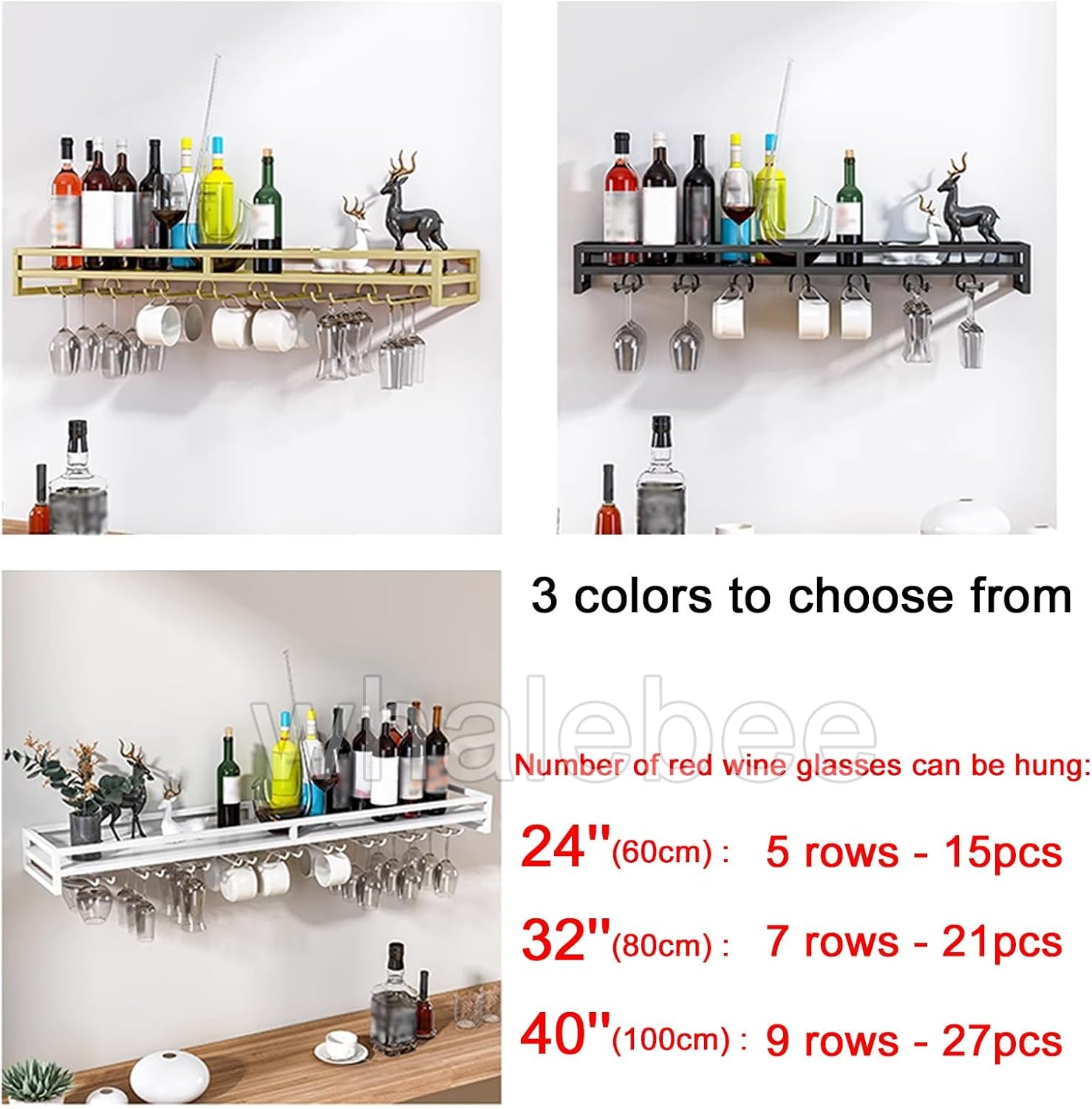 Whalebee Wall Mounted Wine Glass Rack 5 Rows Black