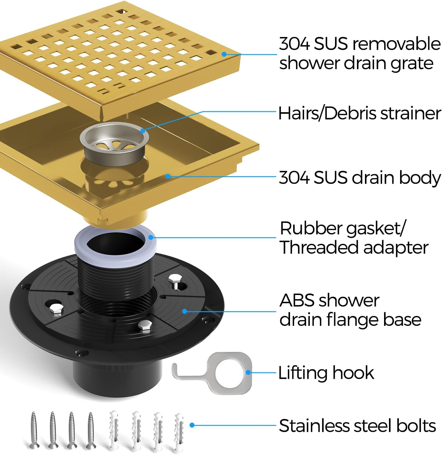 Zaa 6 Inch Square Shower Drain with Flange and Hair Strainer