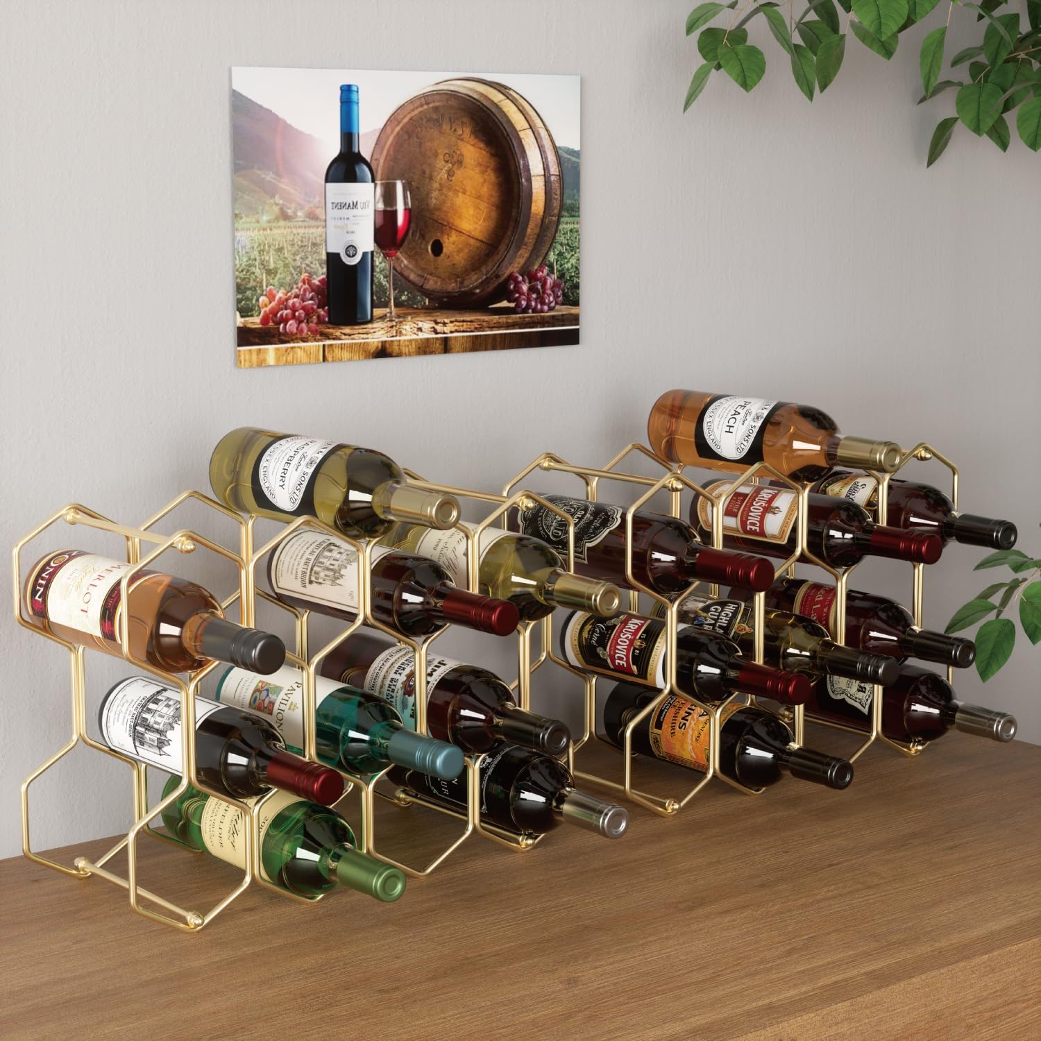 Buruis 14-Bottle Wine Rack with 3 Extra Slots Gold