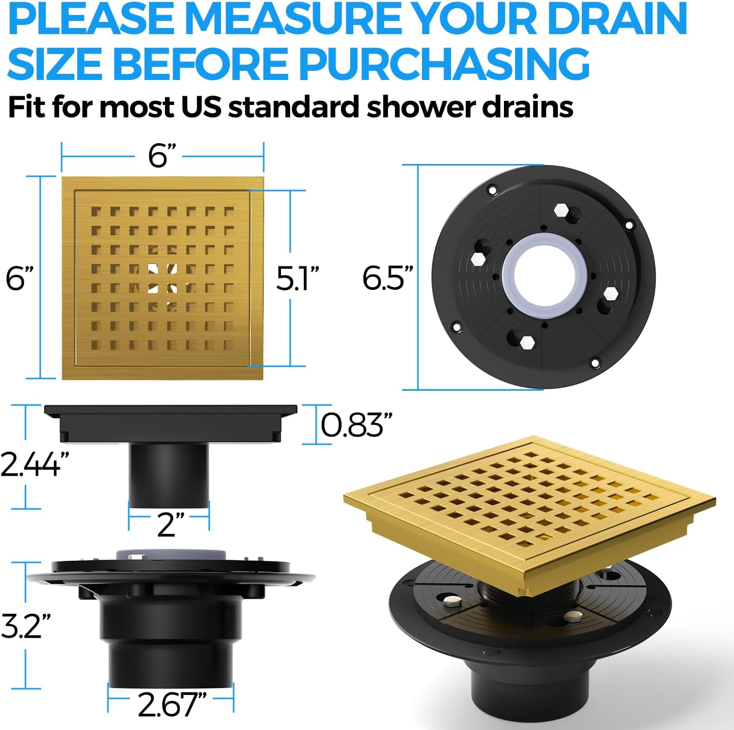 Zaa 6 Inch Square Shower Drain with Flange and Hair Strainer
