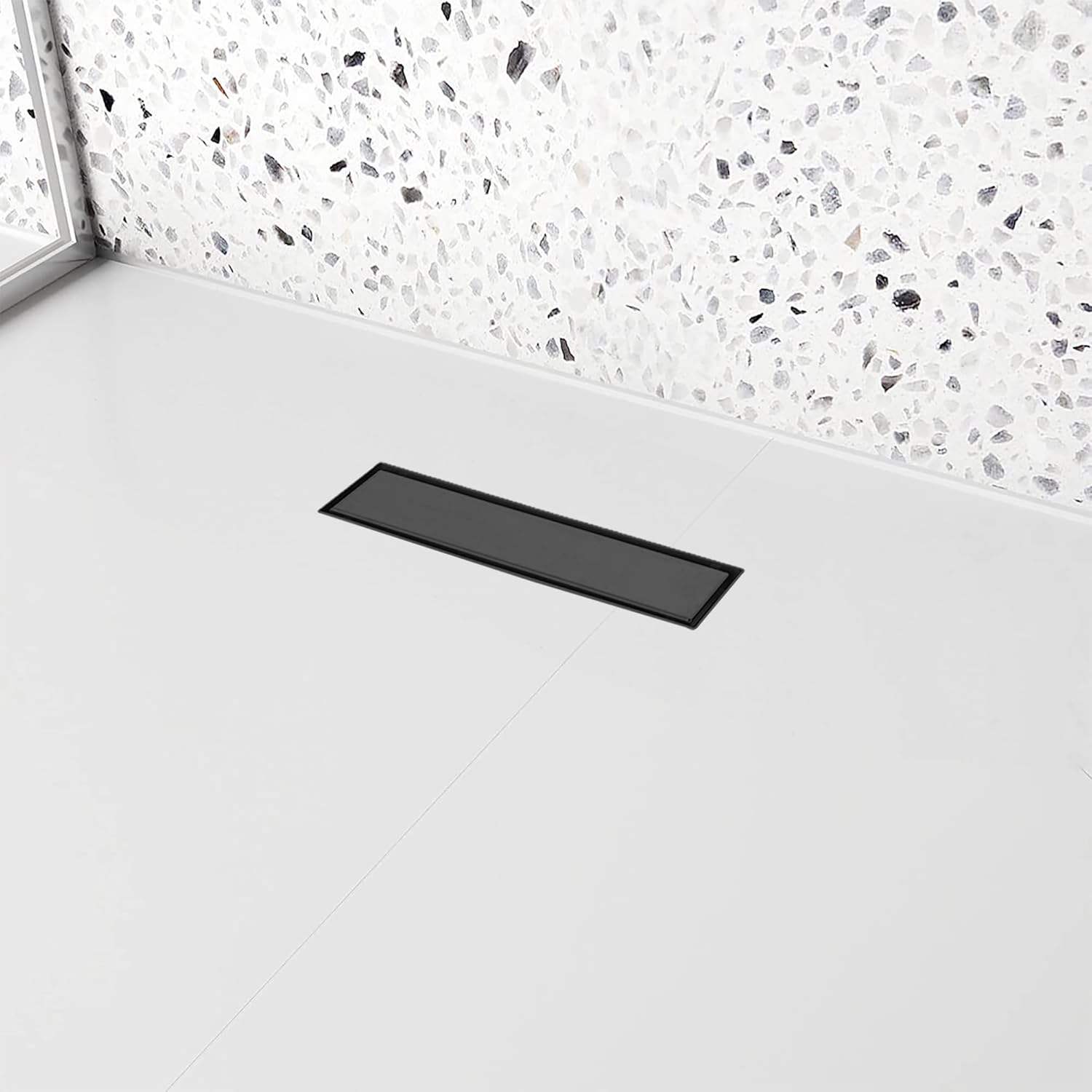 12 Inch Linear Shower Drain with Matte Black Hair Strainer 1