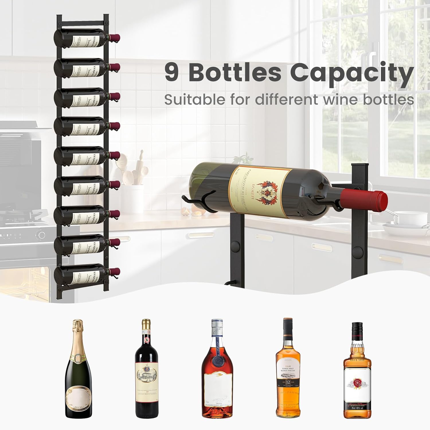 GOFLAME Wall-Mounted Wine Rack for 9 Bottles