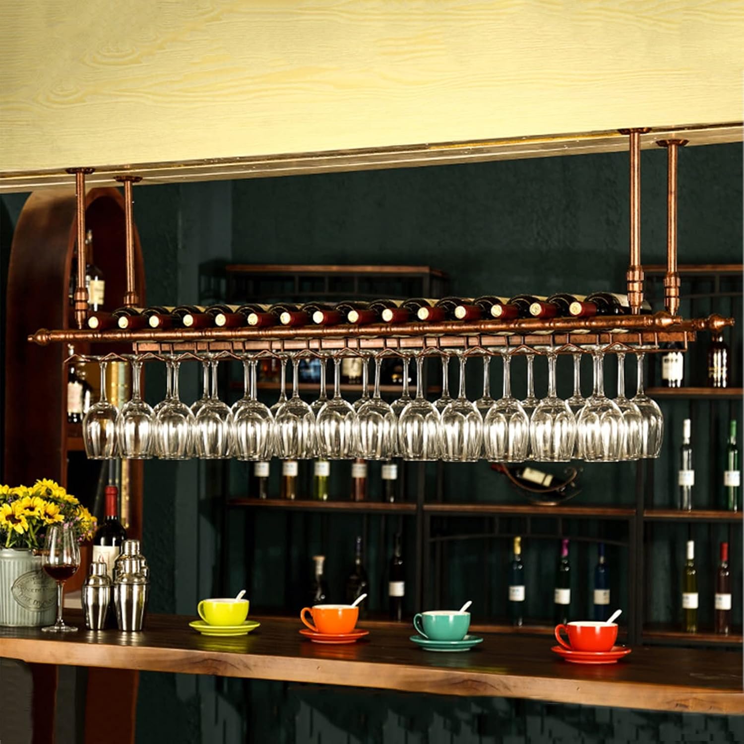 Ceiling Hanging Bar Wine Rack with Glass Holder