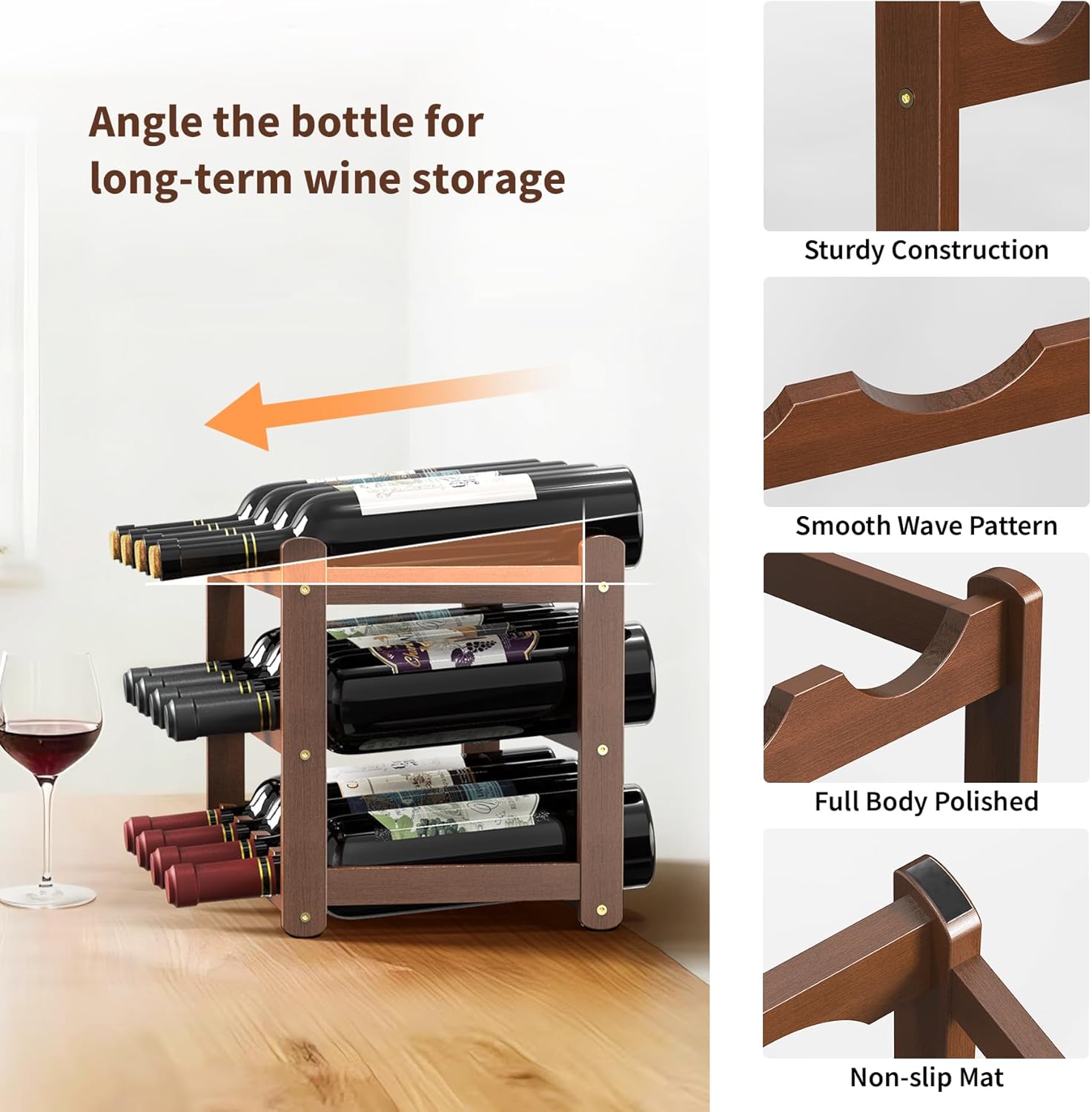 CAMOAT 3-Tier Bamboo Wine Rack for 12 Bottles