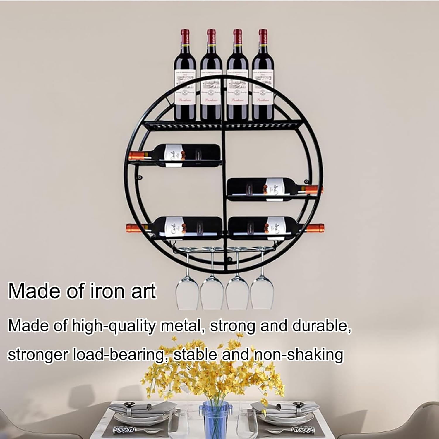 Round Wall Mounted Wine Rack Black and Gold Metal